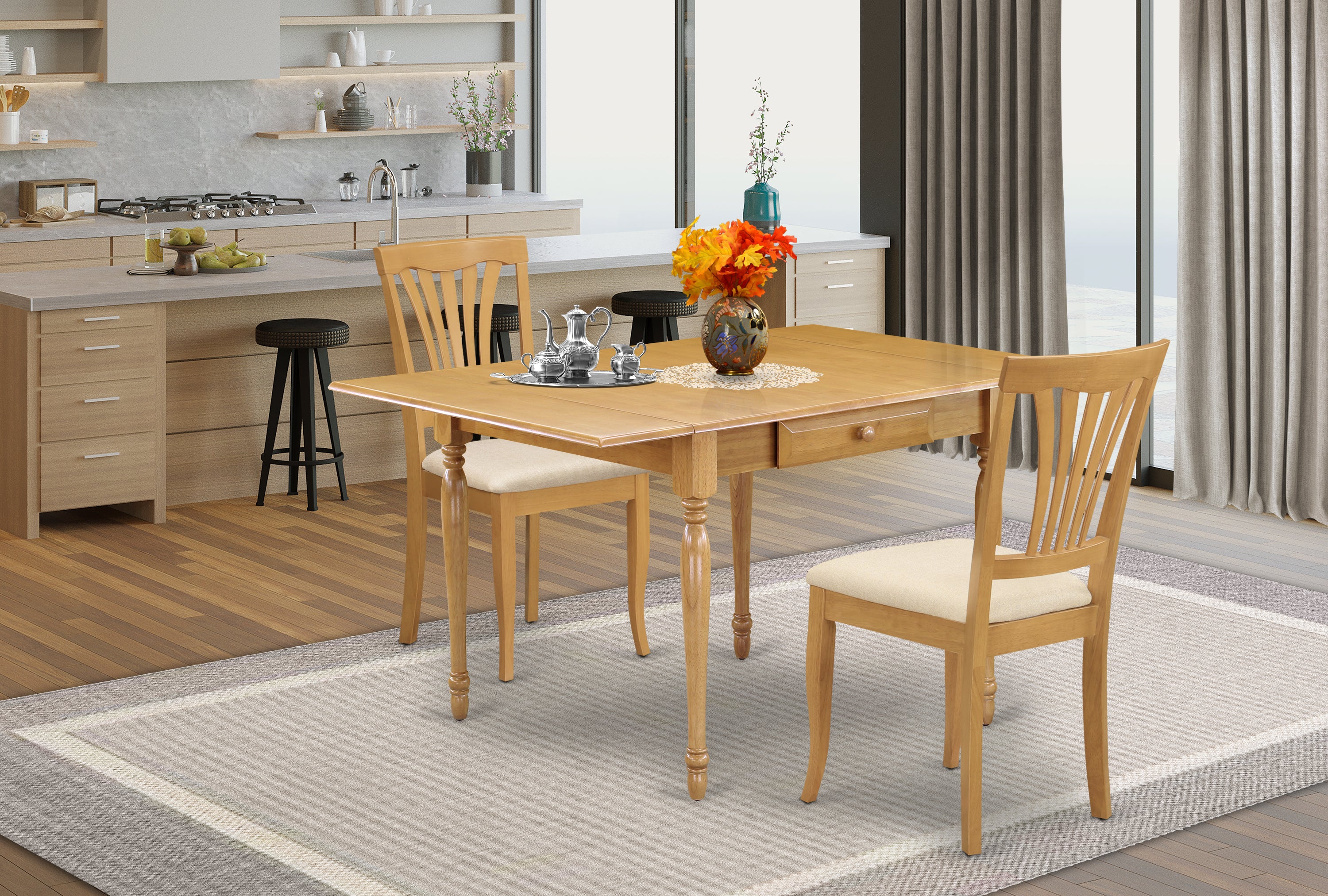 East West Furniture MZAV3-OAK-C 3Pc Dining Table Set for 2 Offers a Dinette Table and 2 Kitchen Chairs with Microfiber Upholstery Seat, Drop Leaf Table with Slat Back Chairs, Oak Finish