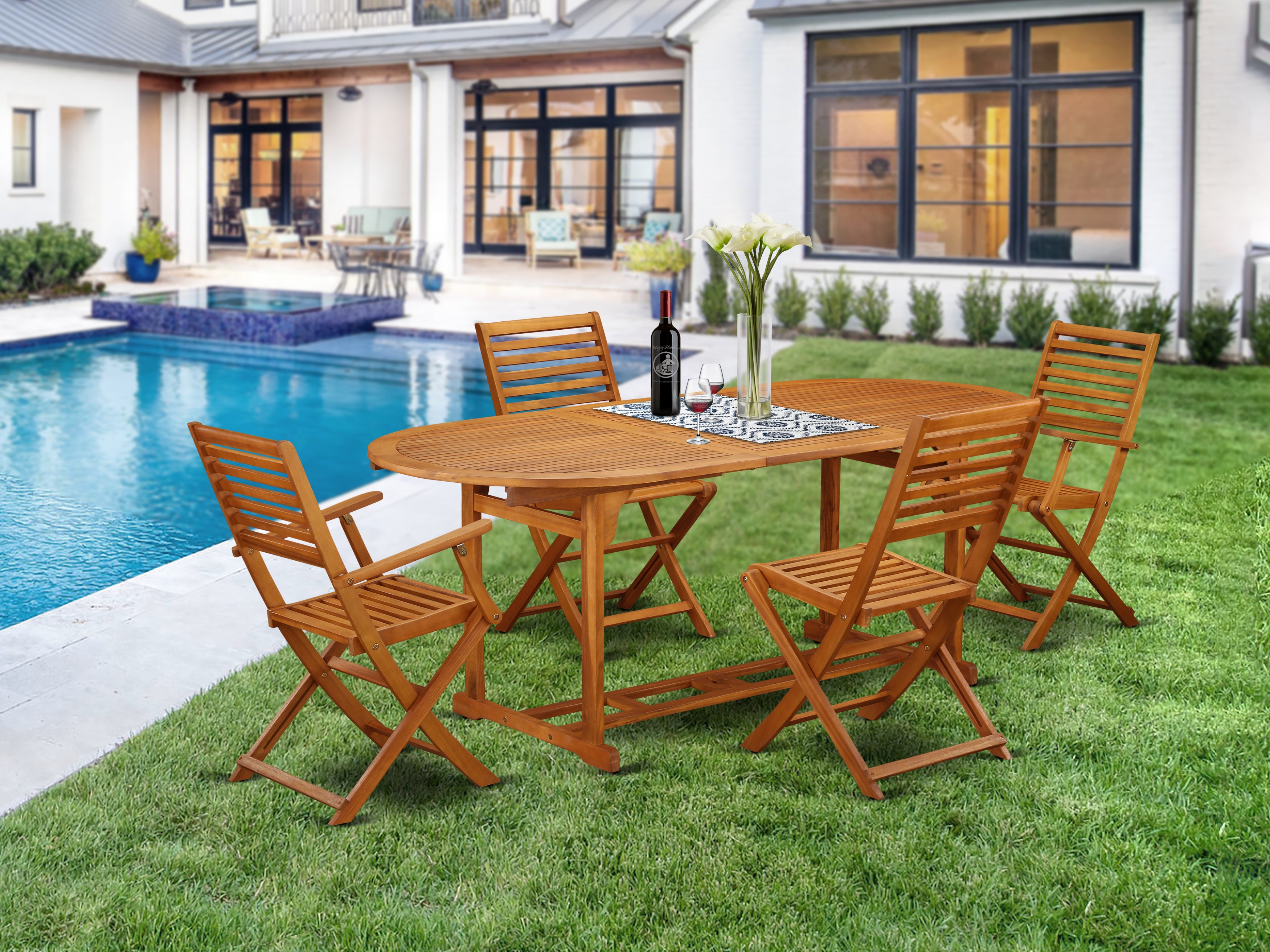 BSBS52CANA This 5 Pc Acacia Wood Outside patio Sets offers one Outdoor-Furniture table and Two side patio dining chairs and Two foldable arm chairs