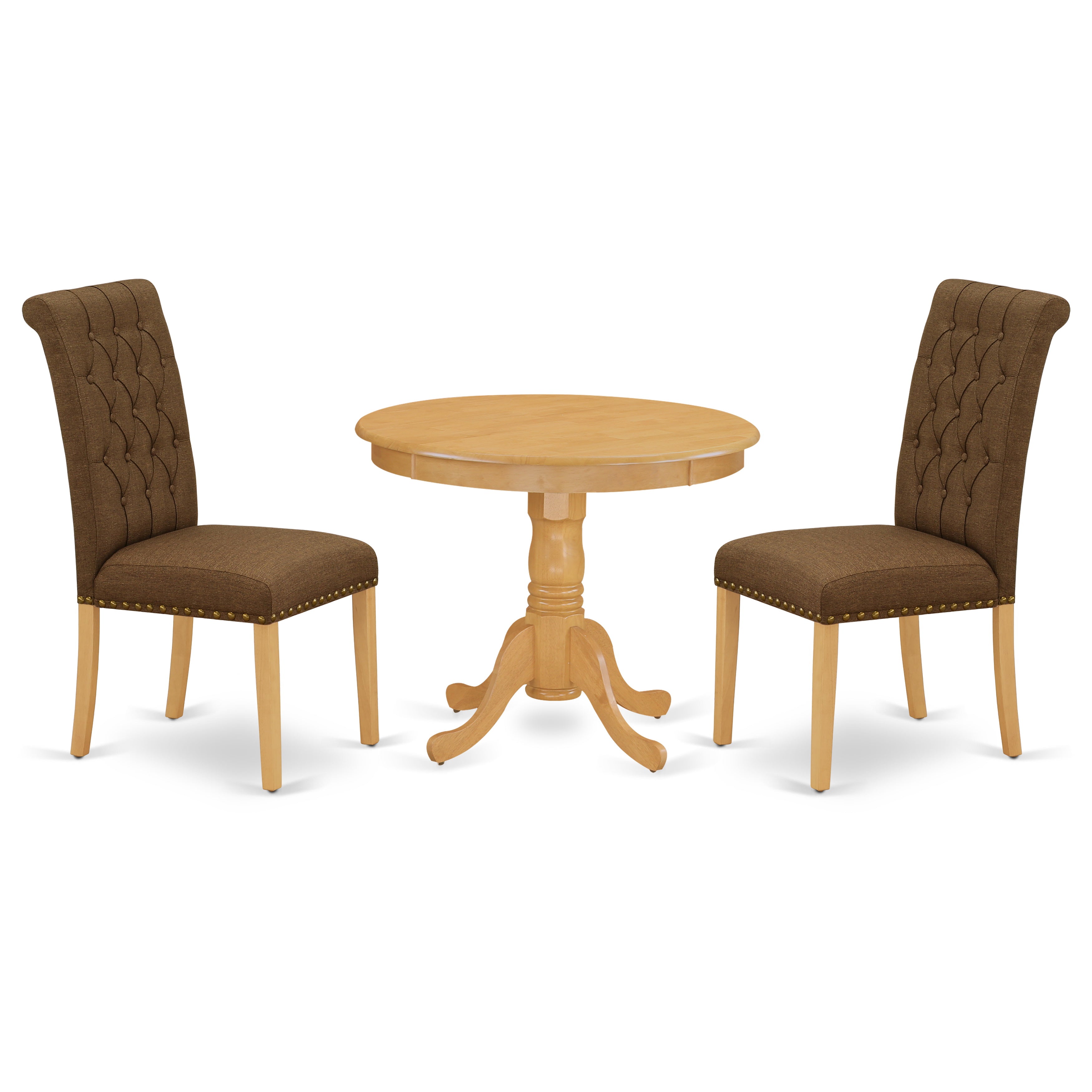 ANBR3-OAK-18 3Pc Dinette Set Includes a Small Rounded Kitchen Table and Two Parson Chairs with Dark Coffee Fabric, Oak Finish