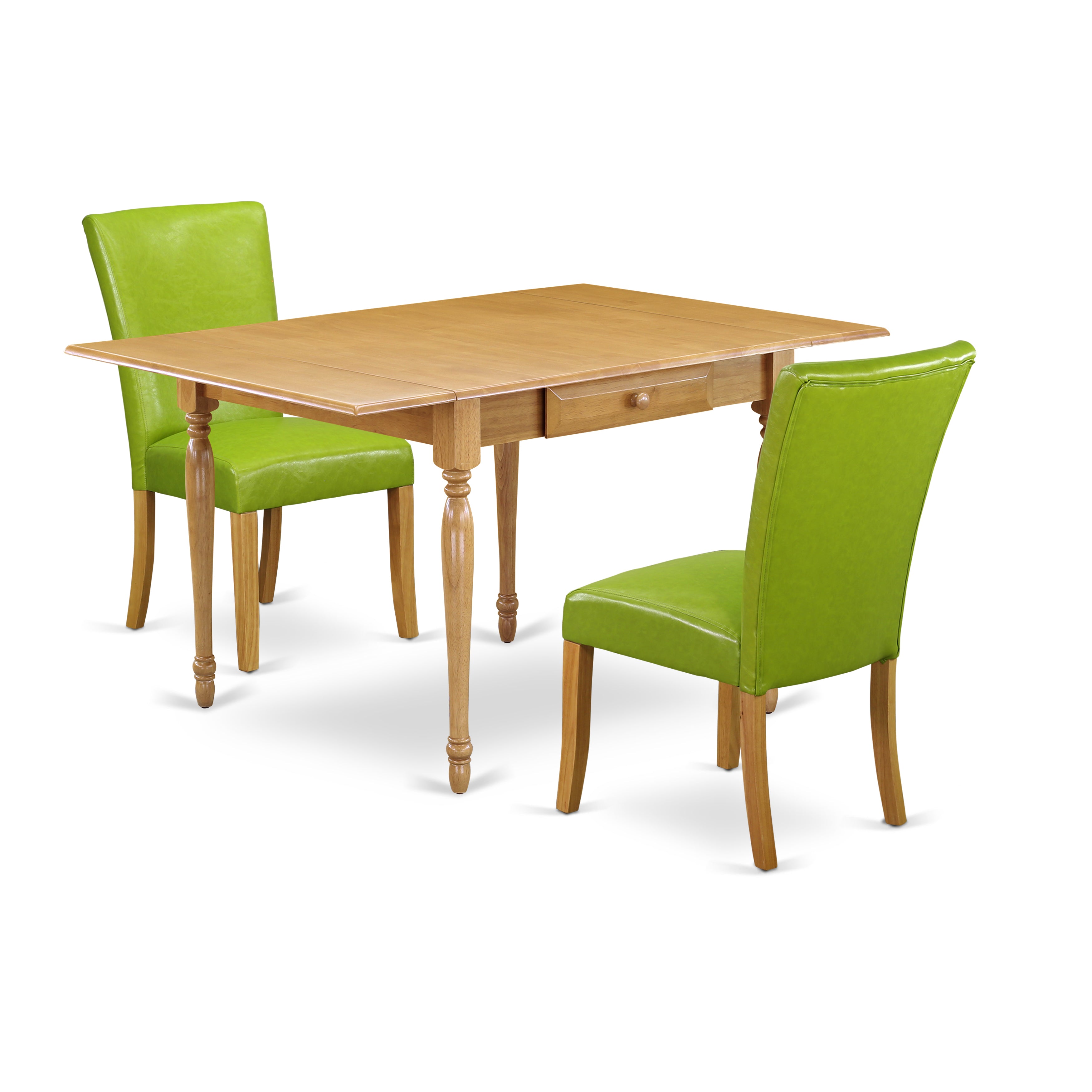 East West Furniture MZAL3-OAK-51 3Pc Kitchen Set Contains a Modern Dining Table and 2 Parson Chairs with Autumn Green Color PU Leather, Drop Leaf Table with Full Back Chairs, Oak Finish