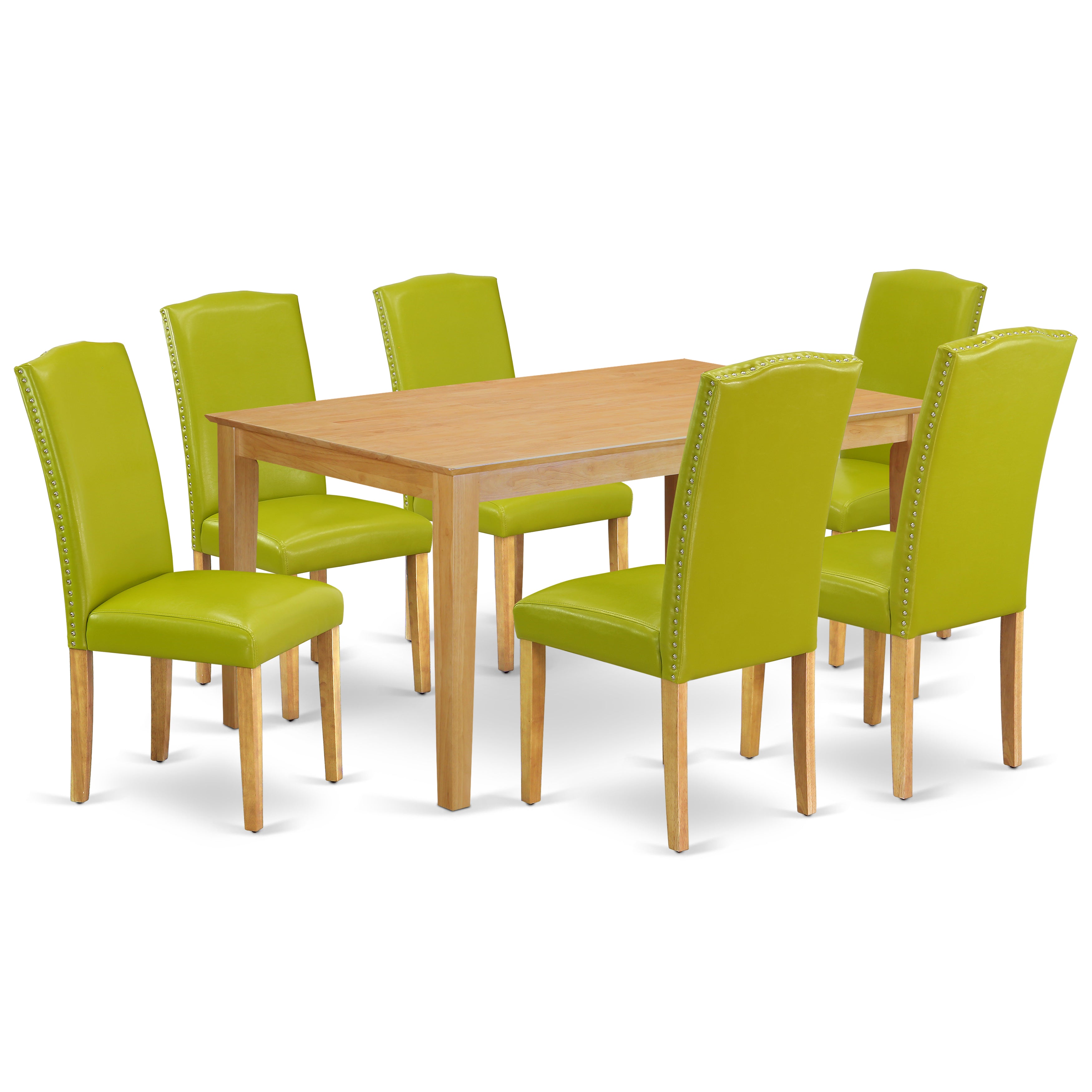 CAEN7-OAK-51 7Pc Rectangle 60" Dining Table And 6 Parson Chair With Oak Leg And Pu Leather Color Autumn Green