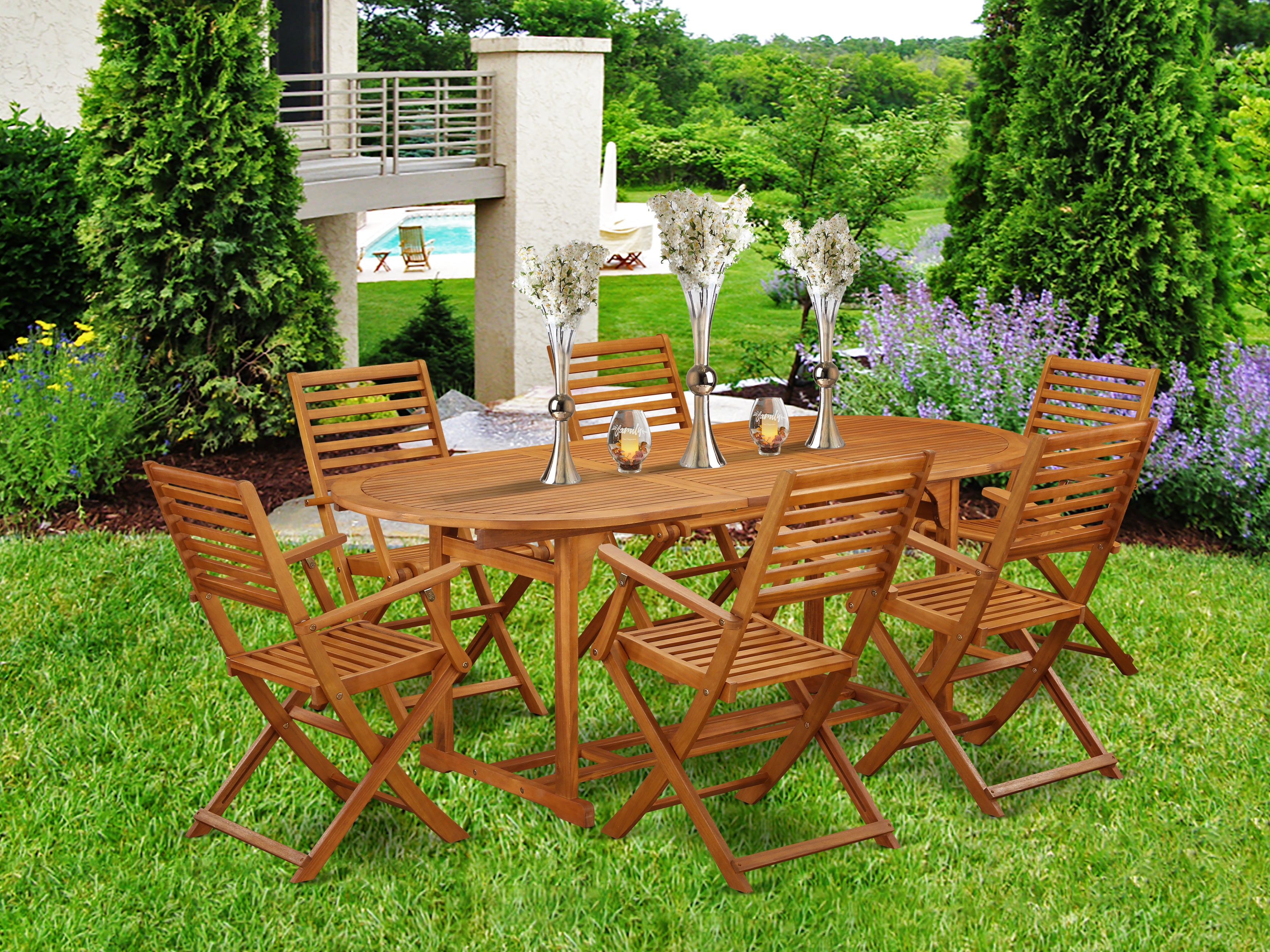 BSBS7CANA This 7 Piece Acacia Hardwood Outdoor-Furniture patio Dining Sets offers an Outdoor-Furniture table and Six chairs