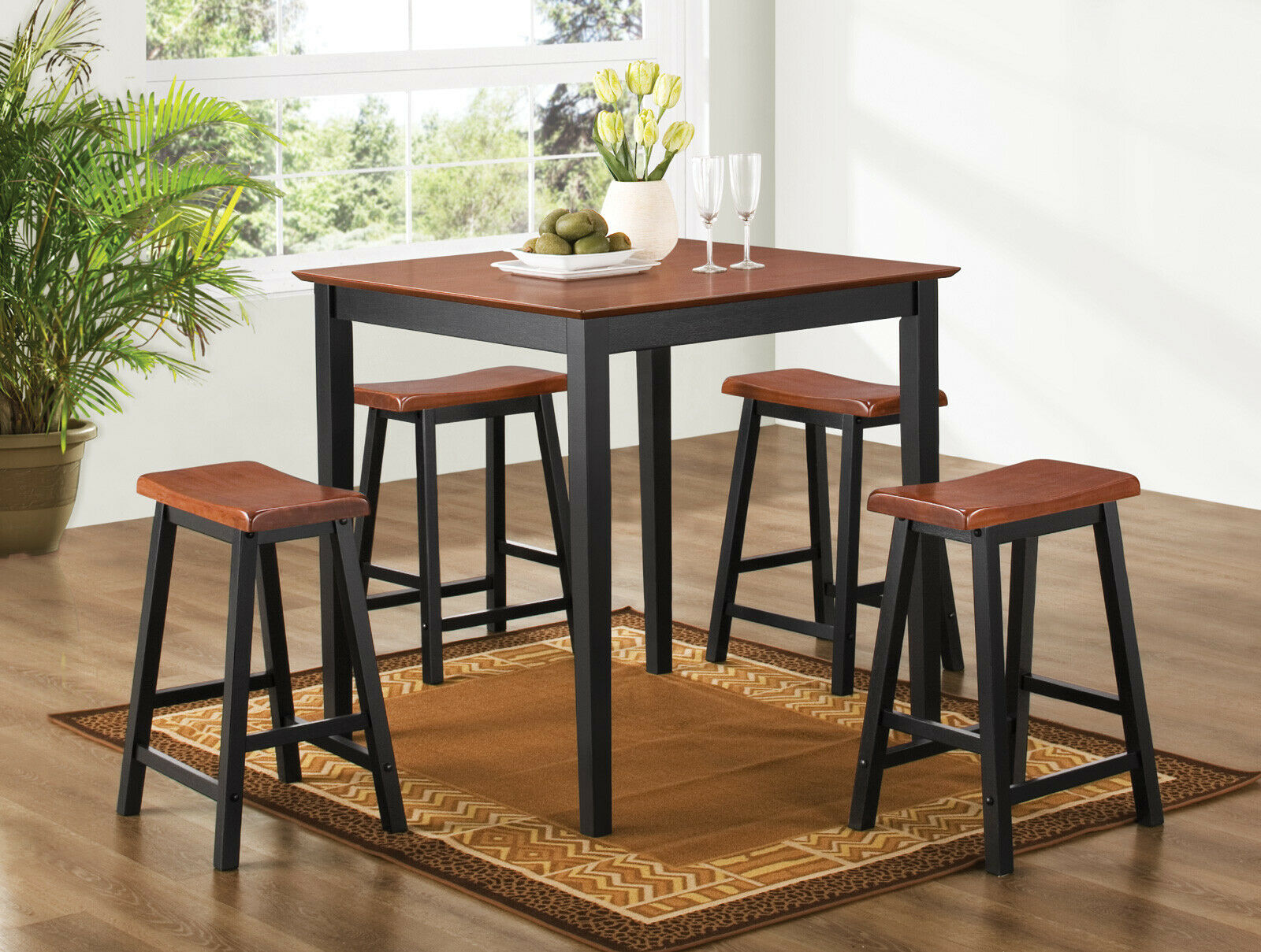 5 Piece Counter Height Dining Table And Stool Set in Oak and Black