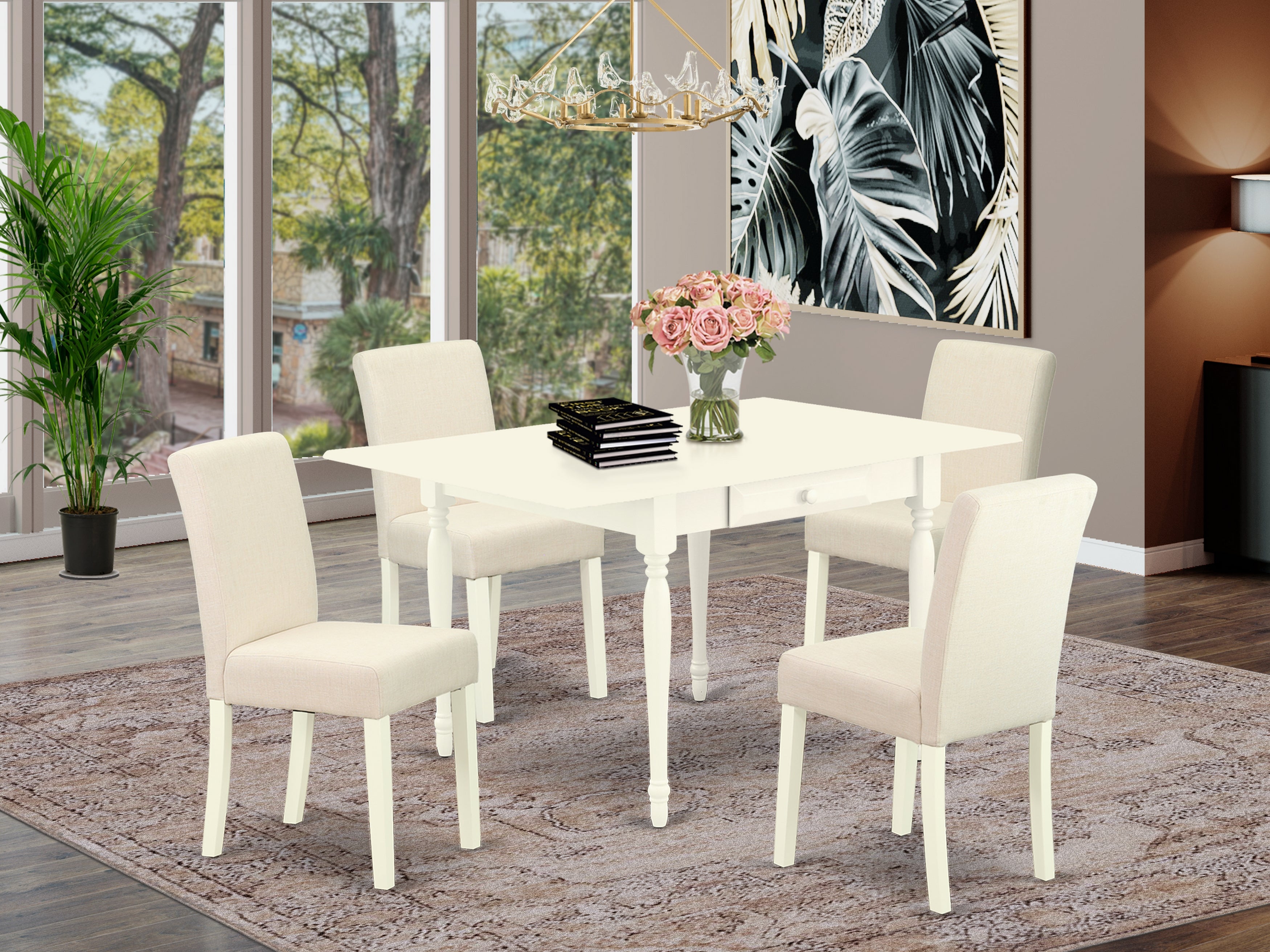 East West Furniture MZAB5-LWH-02 5Pc Kitchen Set Consists of a Modern Dining Table and 4 Parson Chairs with Light Beige Color Linen Fabric, Drop Leaf Table with Full Back Chairs, Linen White Finish