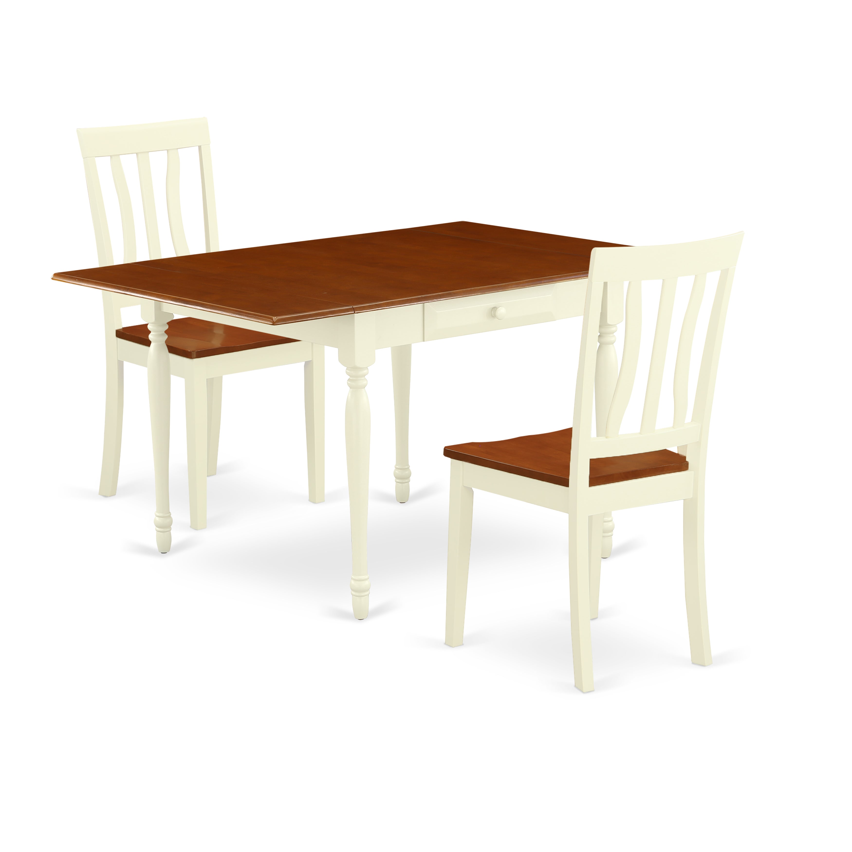 East West Furniture MZAN3-WHI-W 3Pc Dinette Set Consists of a Rectangle Table and 2 Modern Dining Chairs with Solid Wood Seat, Drop Leaf Table with Slat Back Chairs, Buttermilk and Cherry Finish