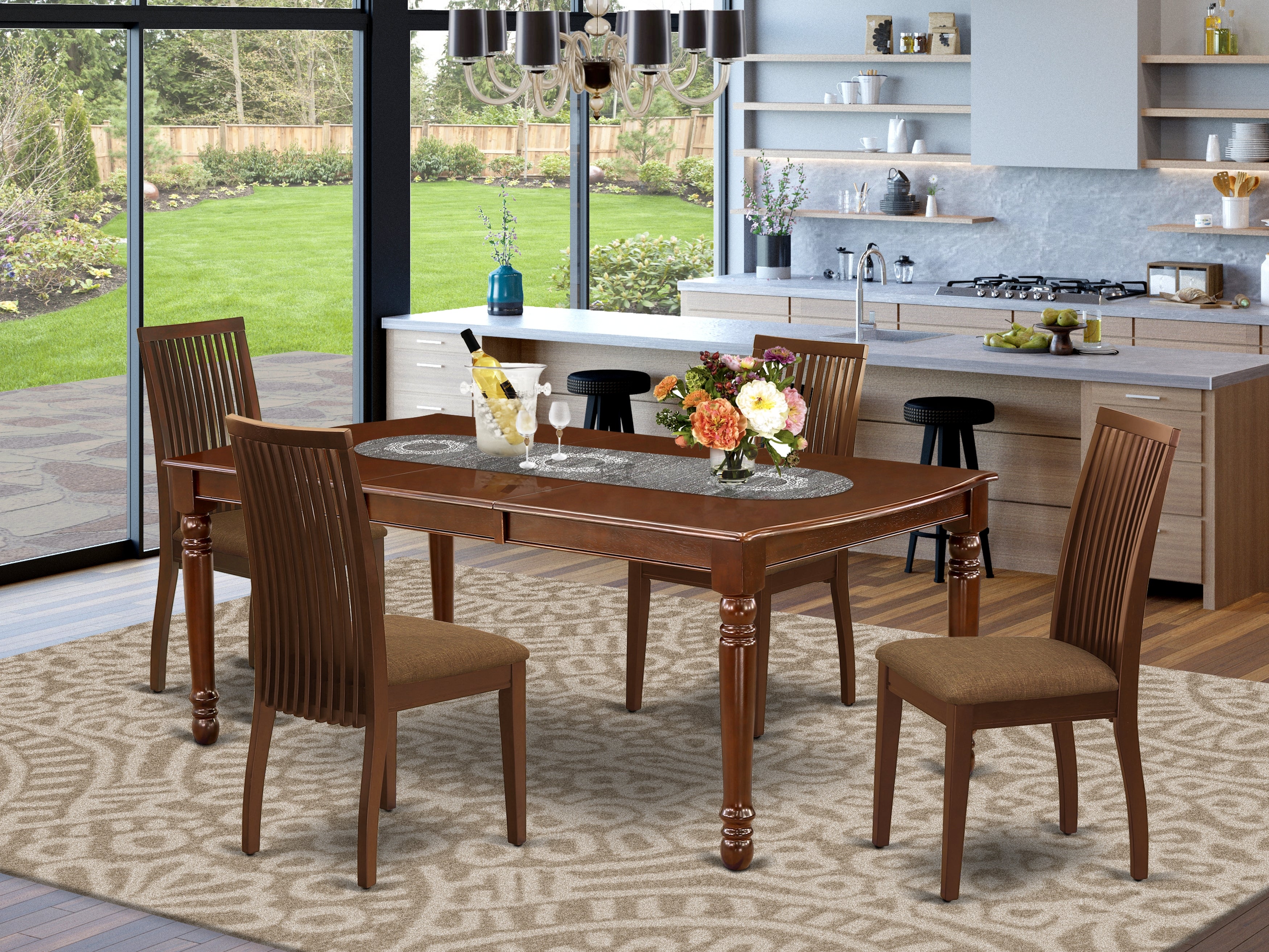 DOIP5-MAH-C 5Pc Dining Set Includes a Rectangle Dinette Table with Butterfly Leaf and Four Microfiber Seat Dining Chairs, Mahogany Finish