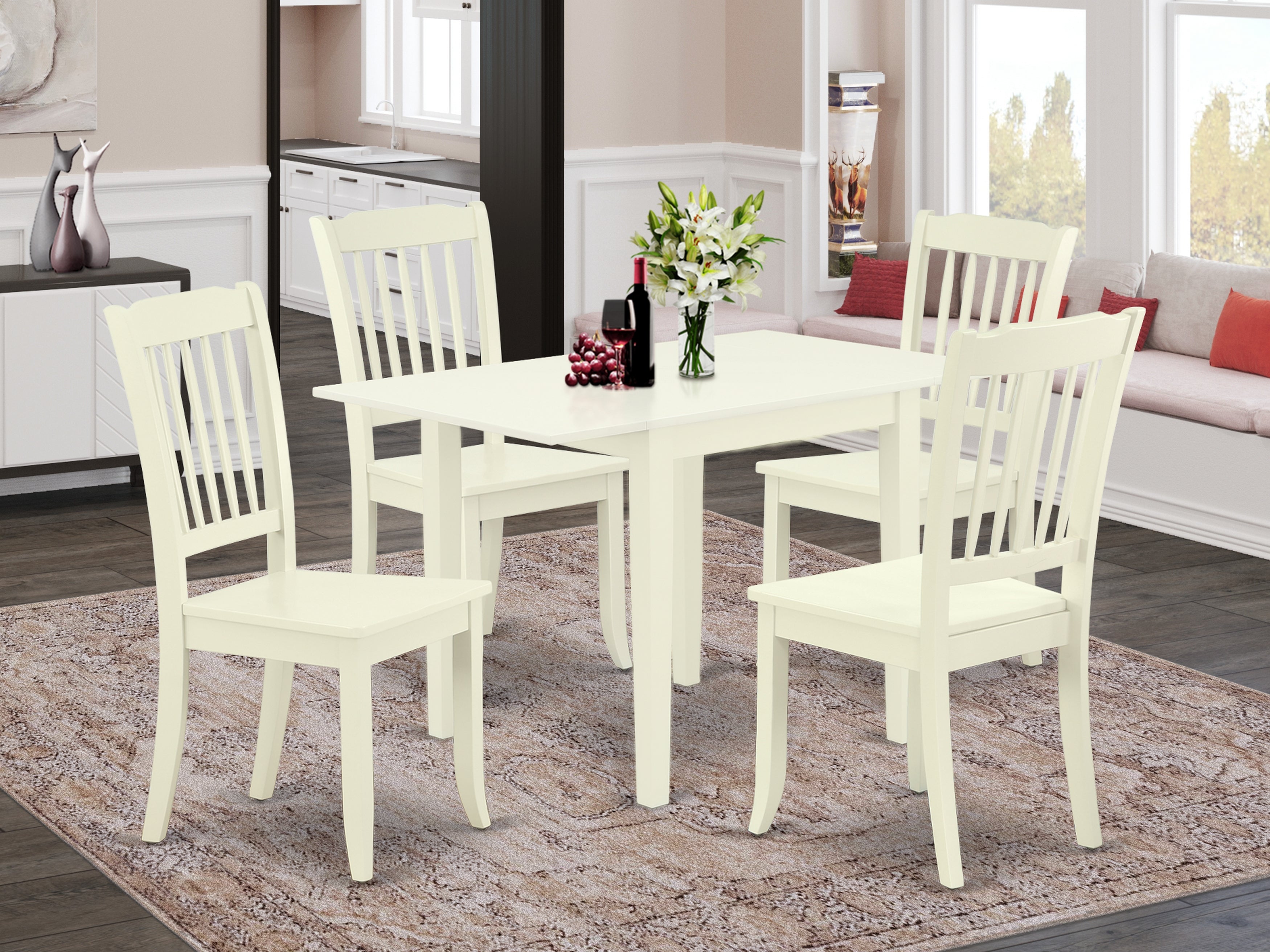 East West Furniture NDDA5-LWH-W Kitchen Table Set 5 Pcs- 4 Brilliant Dining Room Chairs and a Lovely Kitchen Table - Linen White Finish Solid Wood Chair Seat and Table Top - Linen White Finish Solid Wood Frame.