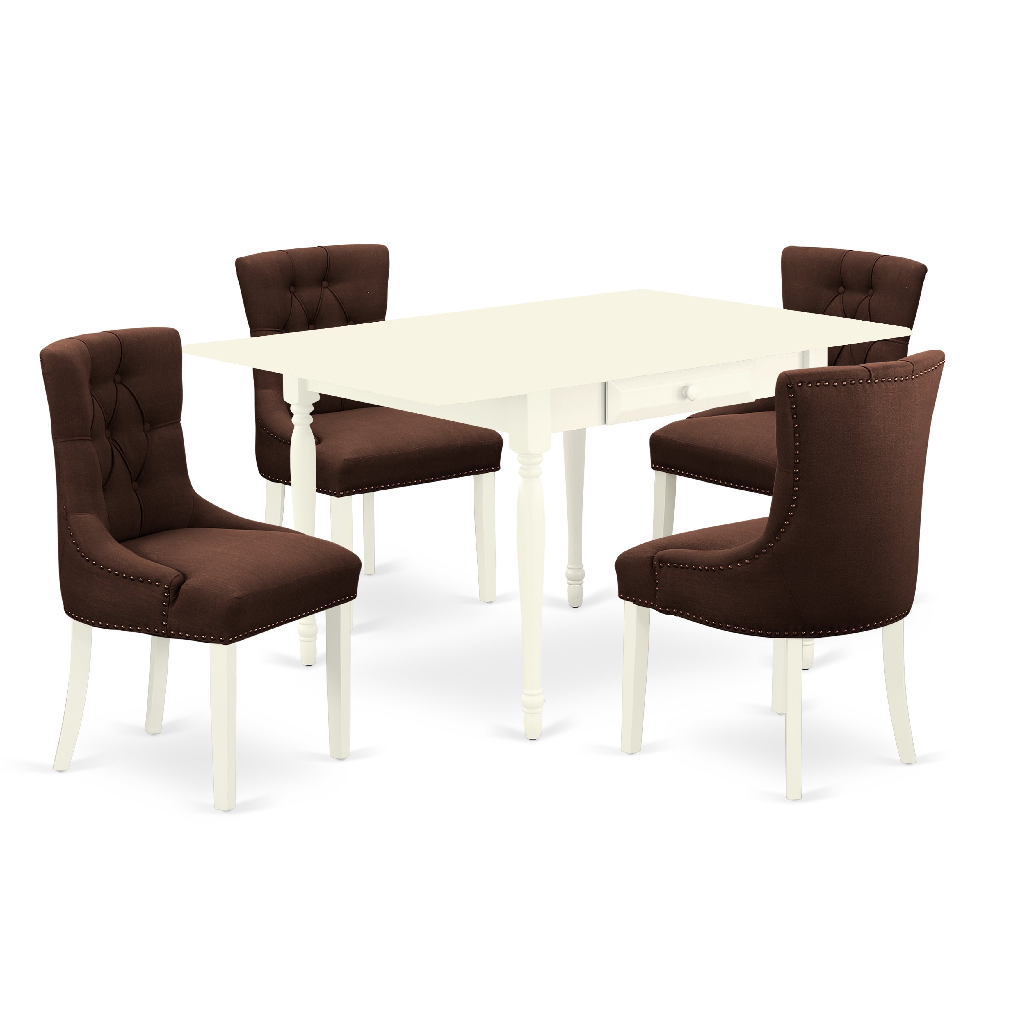 East West Furniture MZFR5-LWH-19 5Pc Kitchen Table Set Consists of a Wood Table and 4 Parsons Dining Chairs with Chocolate Color Linen Fabric, Drop Leaf Table with Full Back Chairs, Linen White Finish