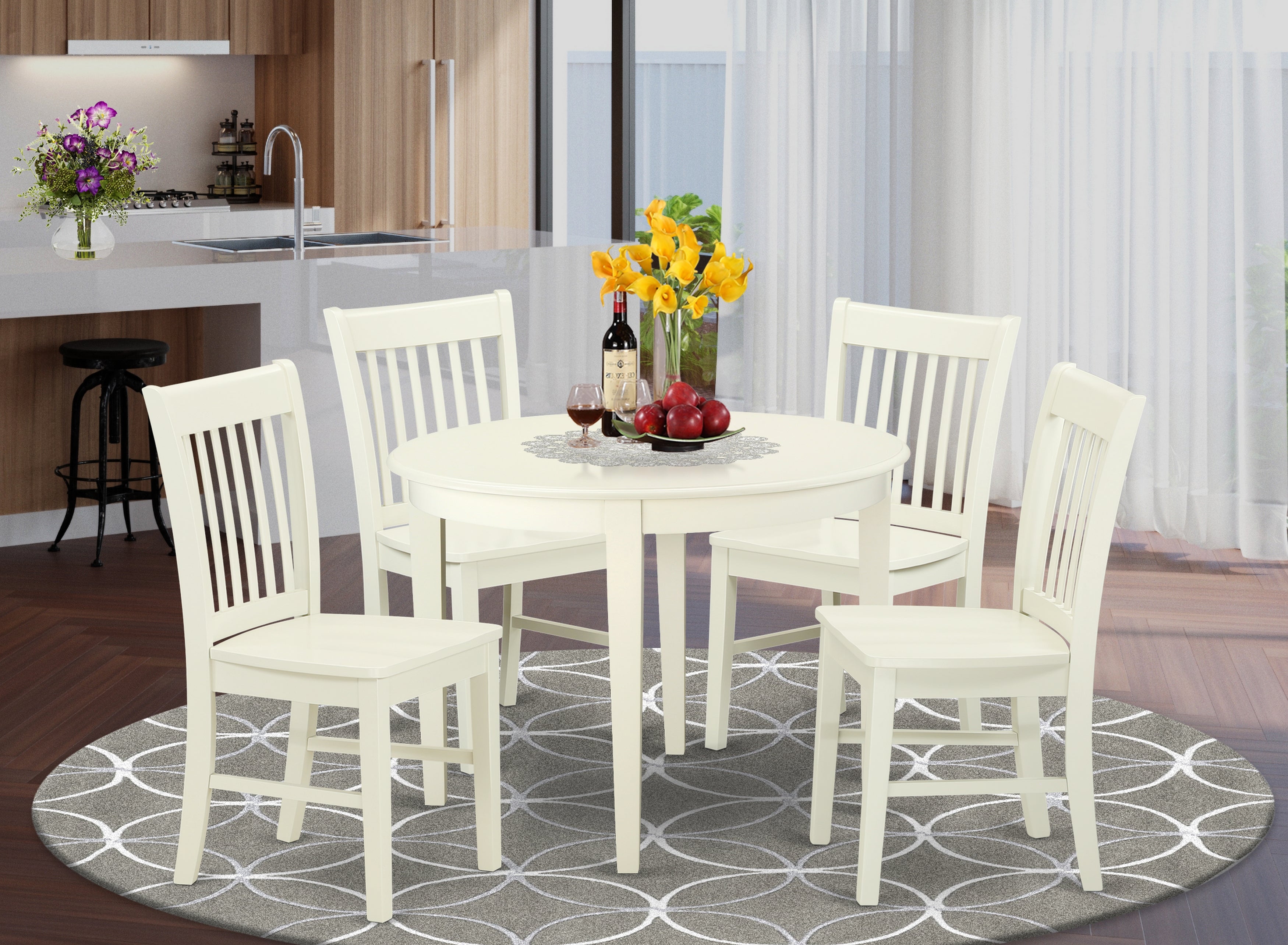 BONO5-WHI-W 5 Pc Kitchen table set with a Dining Table and 4 Faux Leather Seat Kitchen Chairs in Linen White