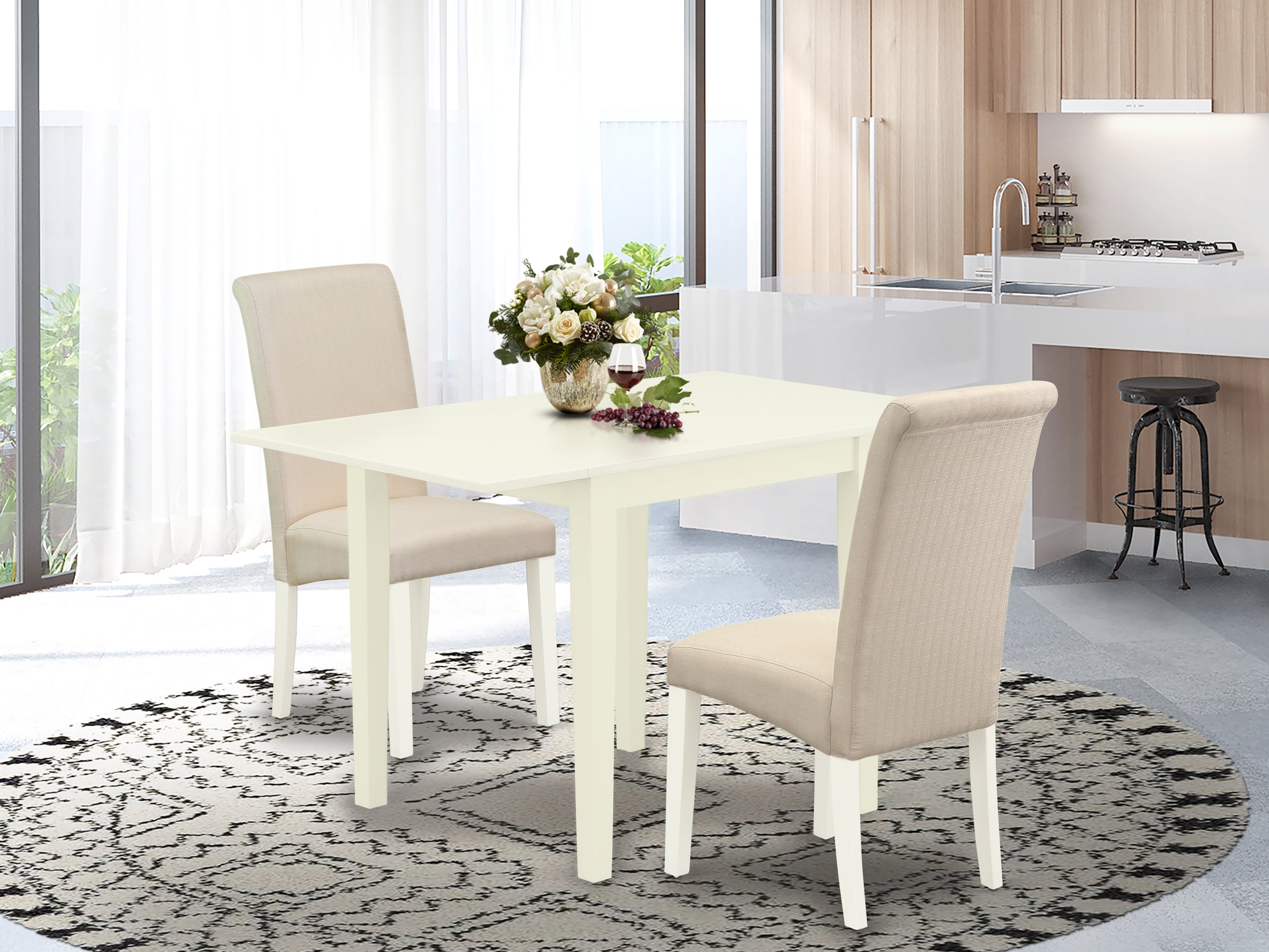 East West Furniture NDBA3-LWH-01 Modern Dining Table Set 3 Pc - Two Dining Room Chairs and a Dining Room Table - Linen White Finish Solid Wood - Cream Color Linen Fabric
