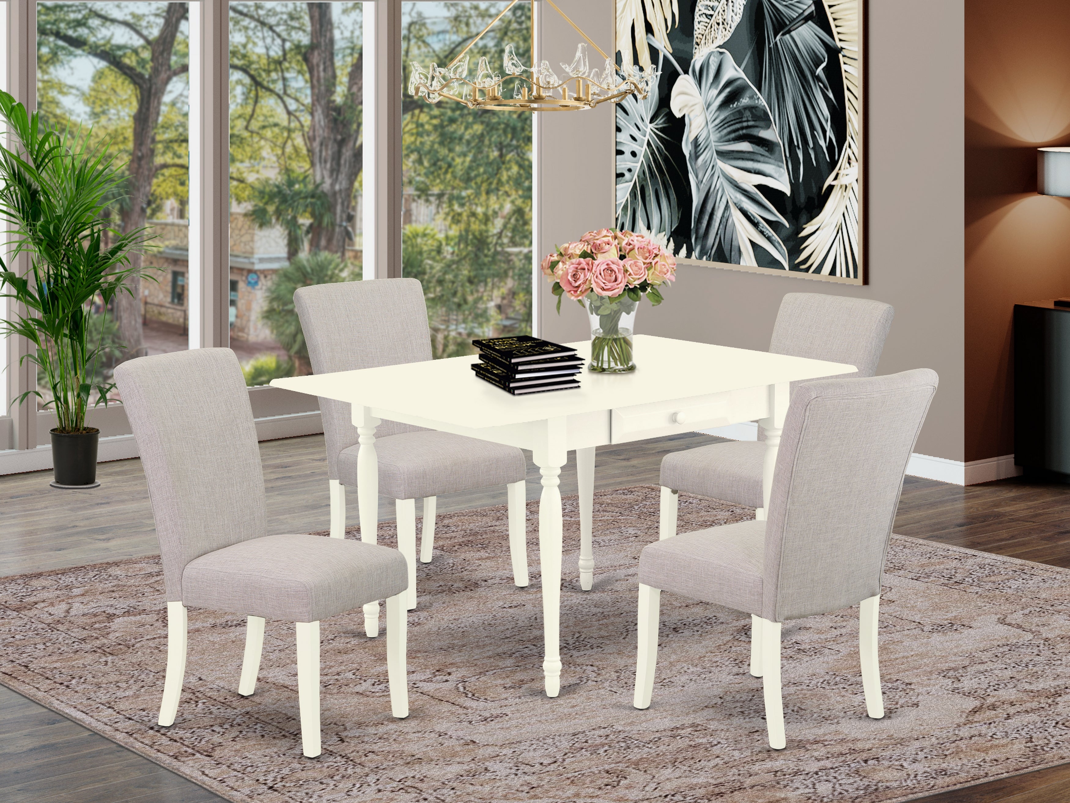 East West Furniture MZAL5-LWH-05 5Pc Wood Dining Table Set Consists of a Wood Table and 4 Upholstered Dining Chairs with Doeskin Color Linen Fabric, Drop Leaf Table with Full Back Chairs, Linen White Finish