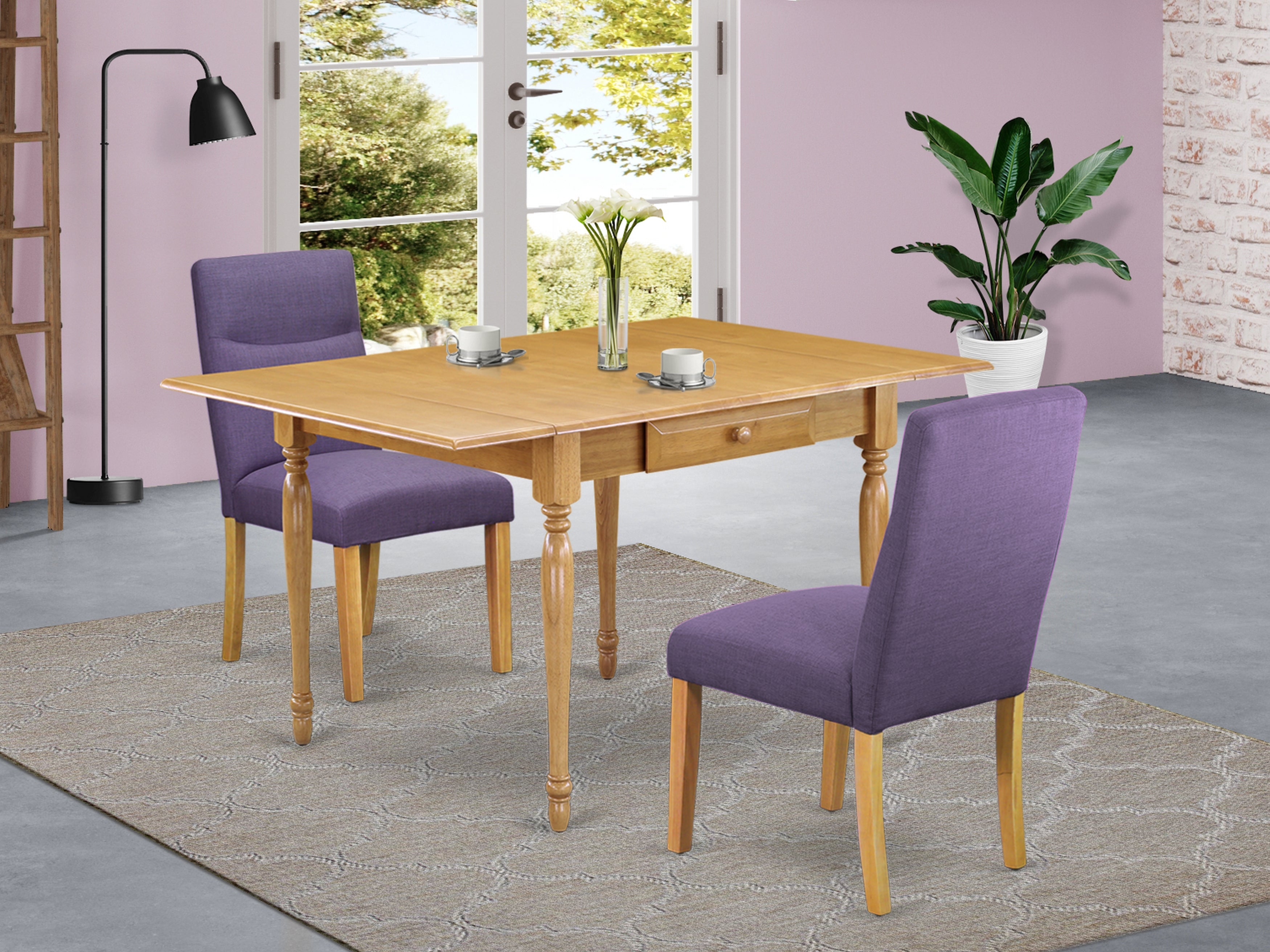 East West Furniture MZBE3-OAK-10 3Pc Dining Table Set for 2 Includes a Rectangular Table and 2 Parsons Chairs with Dahlia Color Linen Fabric, Drop Leaf Table with Full Back Chairs, Oak Finish