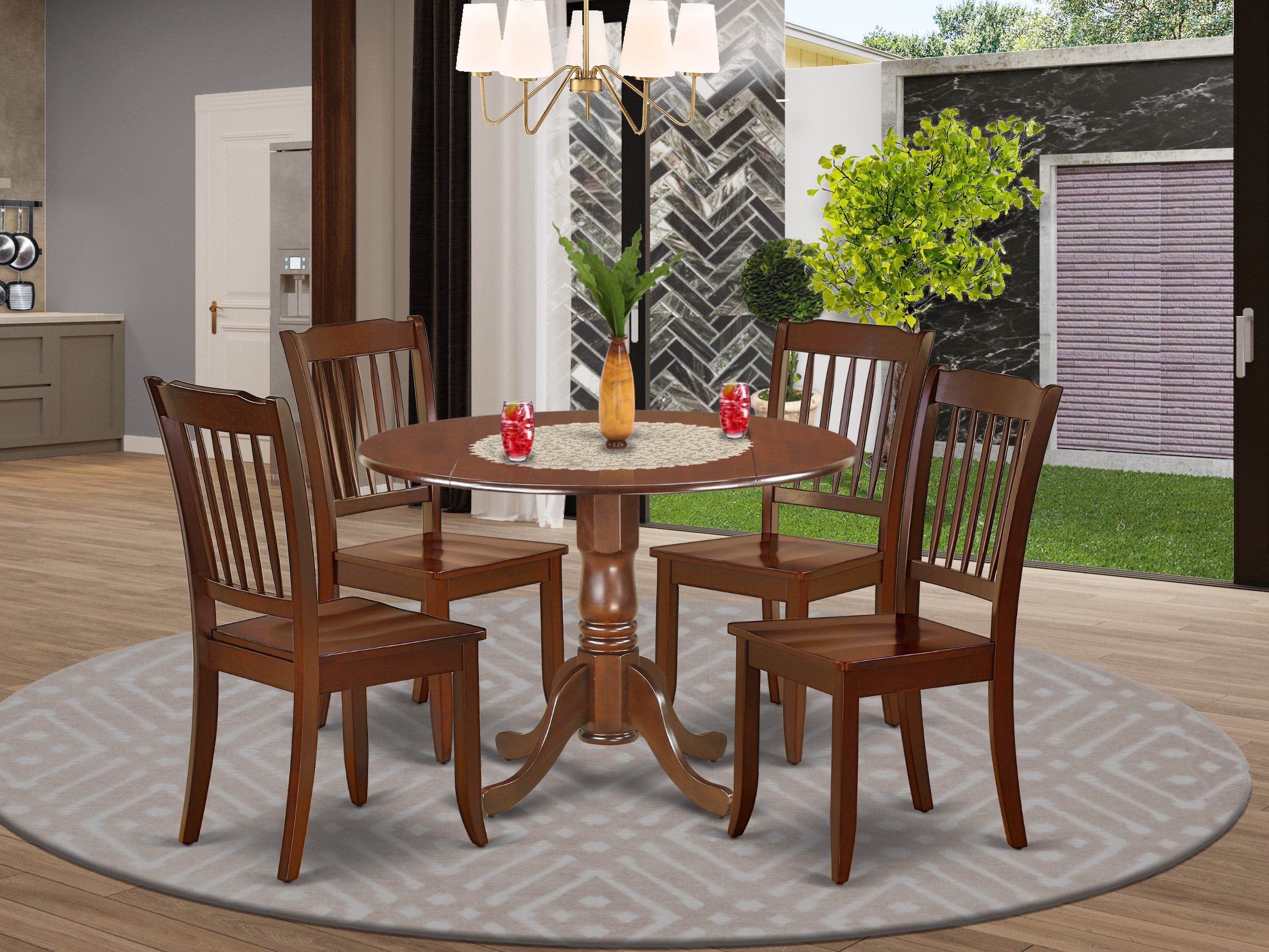 DLDA5-MAH-W 5PC Round 42 inch Table with Two 9-Inch Drop Leaves and 4 vertical slatted Chairs