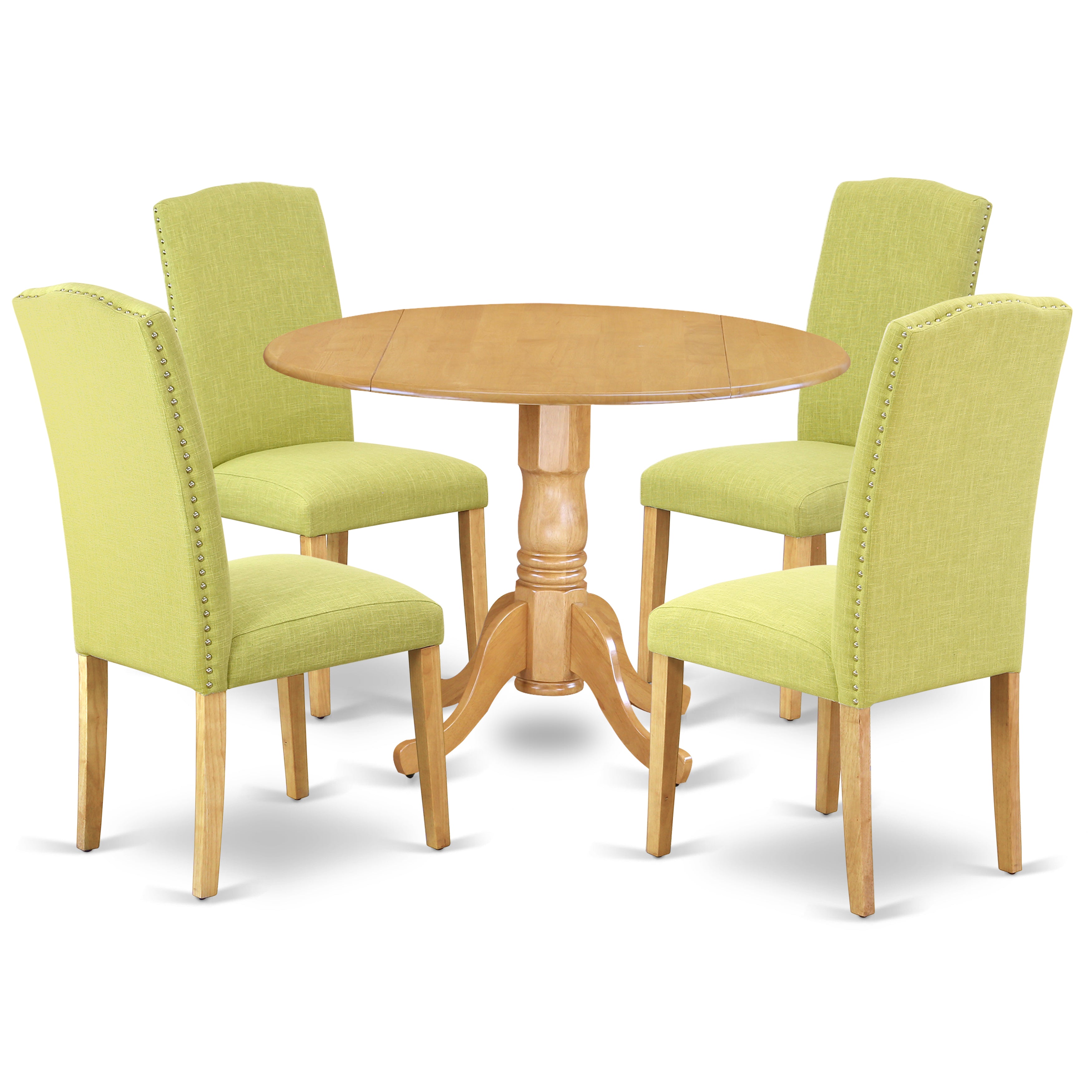 DLEN5-OAK-07 5Pc Round 42" Kitchen Table With Two 9-Inch Drop Leaves And Four Parson Chair With Oak Leg And Linen Fabric Limelight