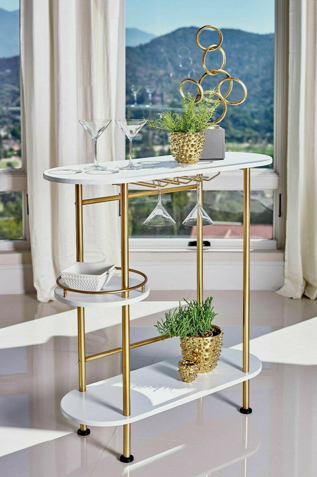 3-Tier Modern Pub Height Bar Table with Stemware Rack, White Oak & Matte Brass