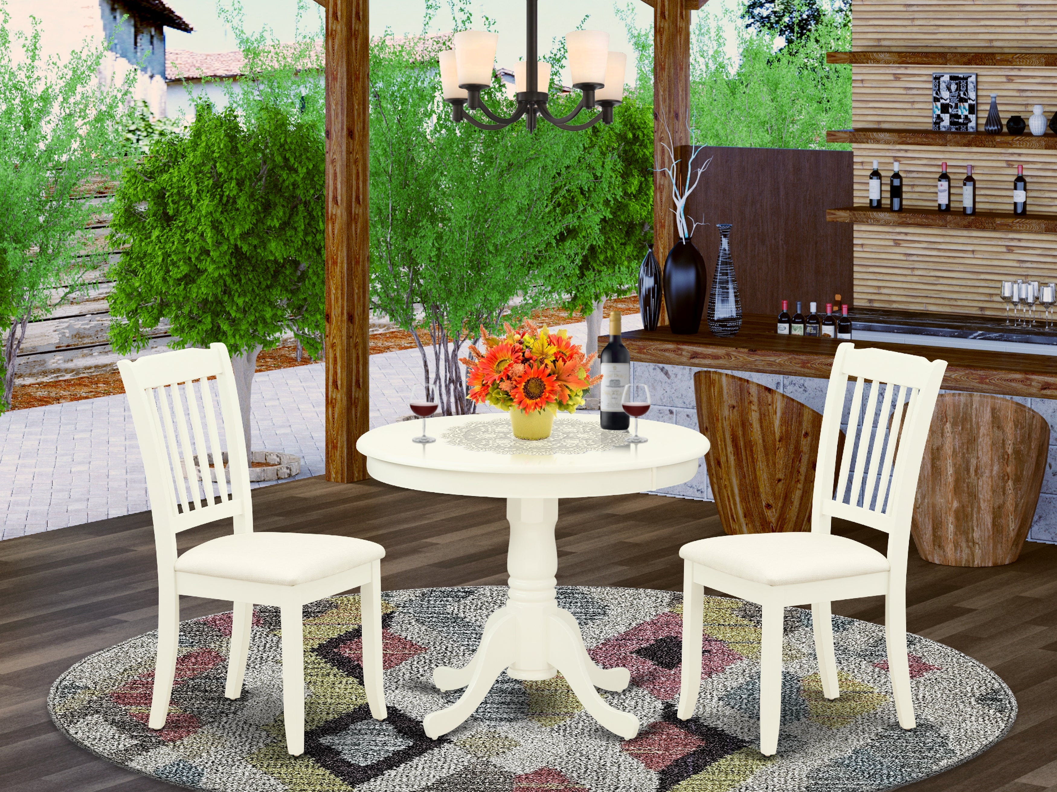 ANDA3-LWH-C 3Pc Dinette Set Includes a Rounded Kitchen Table and Two Vertical Slatted Microfiber Seat Dining Chairs, Linen White Finish