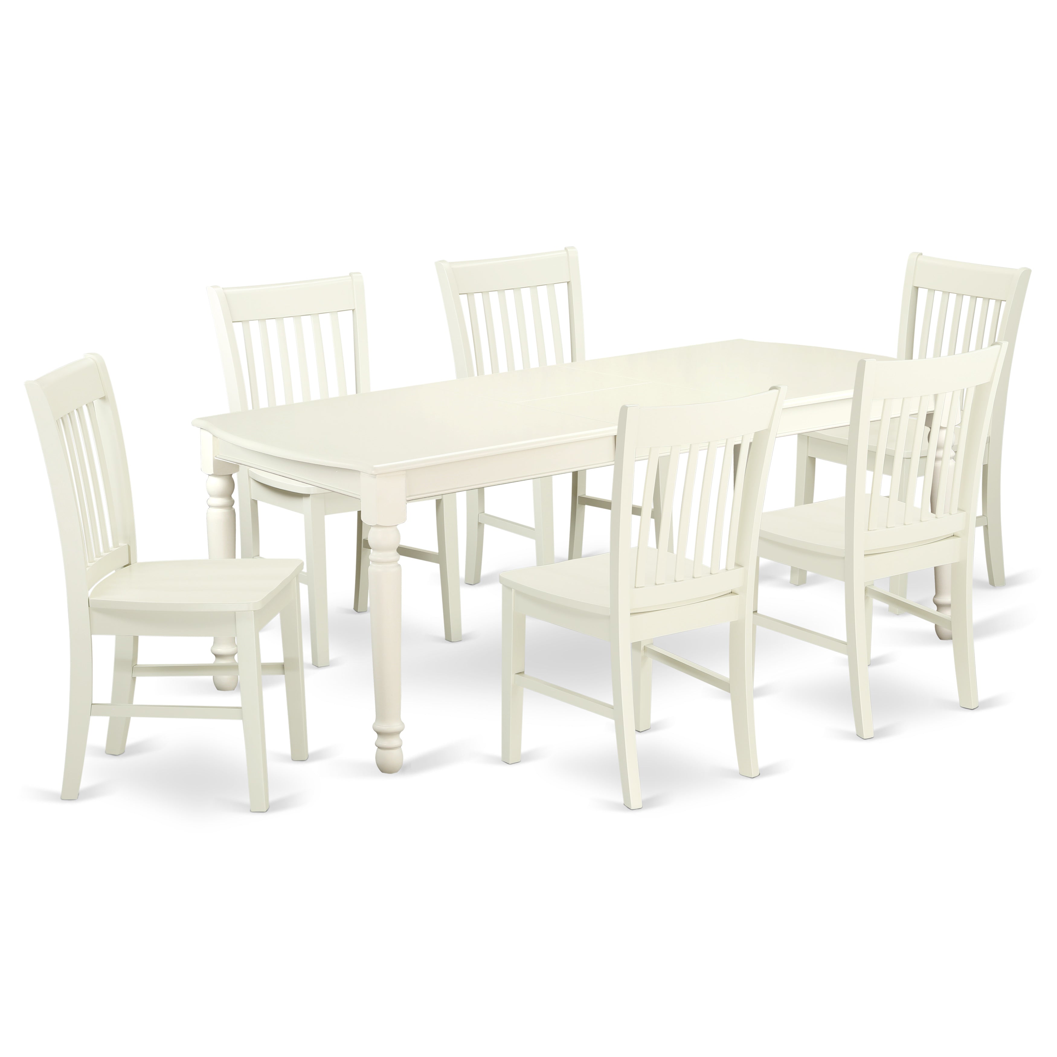 DONO7-LWH-W 7-Piece table and chair set with one Dover dining room table and 6 dining room chairs in a Linen White Finish