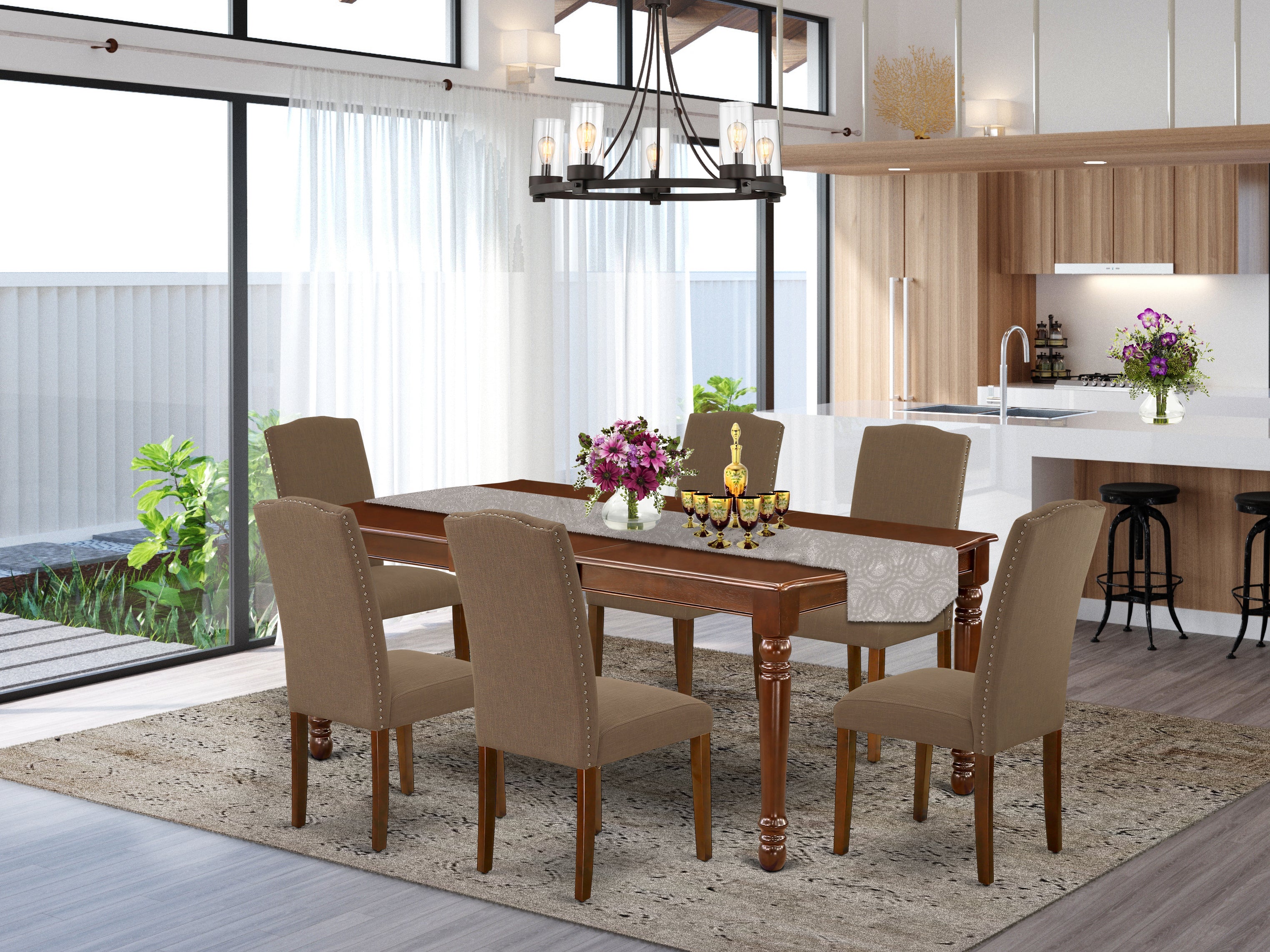 DOEN7-MAH-18 7Pc Rectangle 60/78 Inch Table With 18 In Leaf And 6 Parson Chair With Mahogany Leg And Linen Fabric Dark Coffee