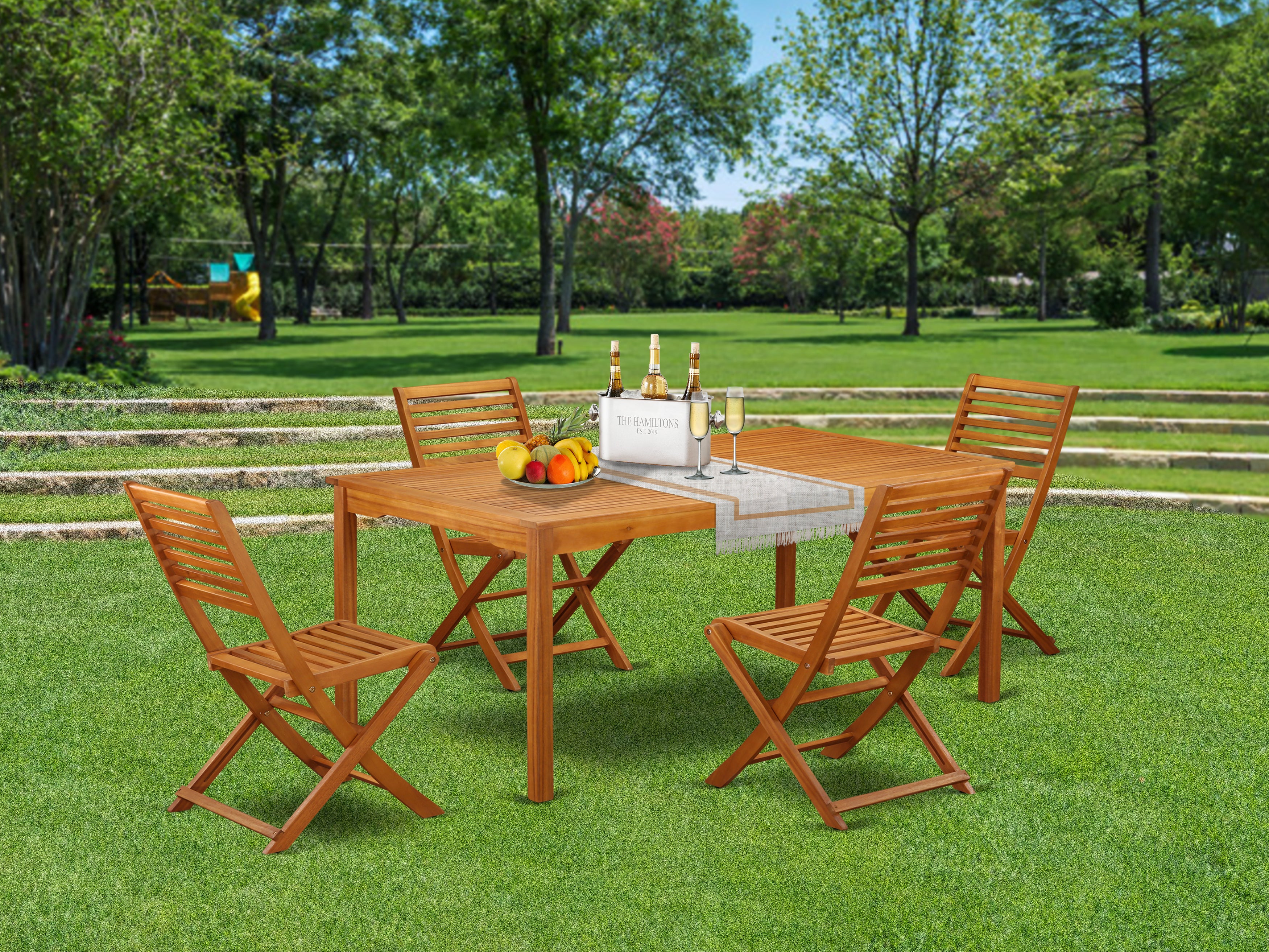 CMBS5CWNA This 5 Piece Acacia Hardwood Balcony Sets includes one Outdoor-Furniture table and 4 foldable Outdoor-Furniture chairs