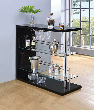 Coaster Modern Pub Home Glossy Black Bar Table Unit Glass Shelves Wine Rack