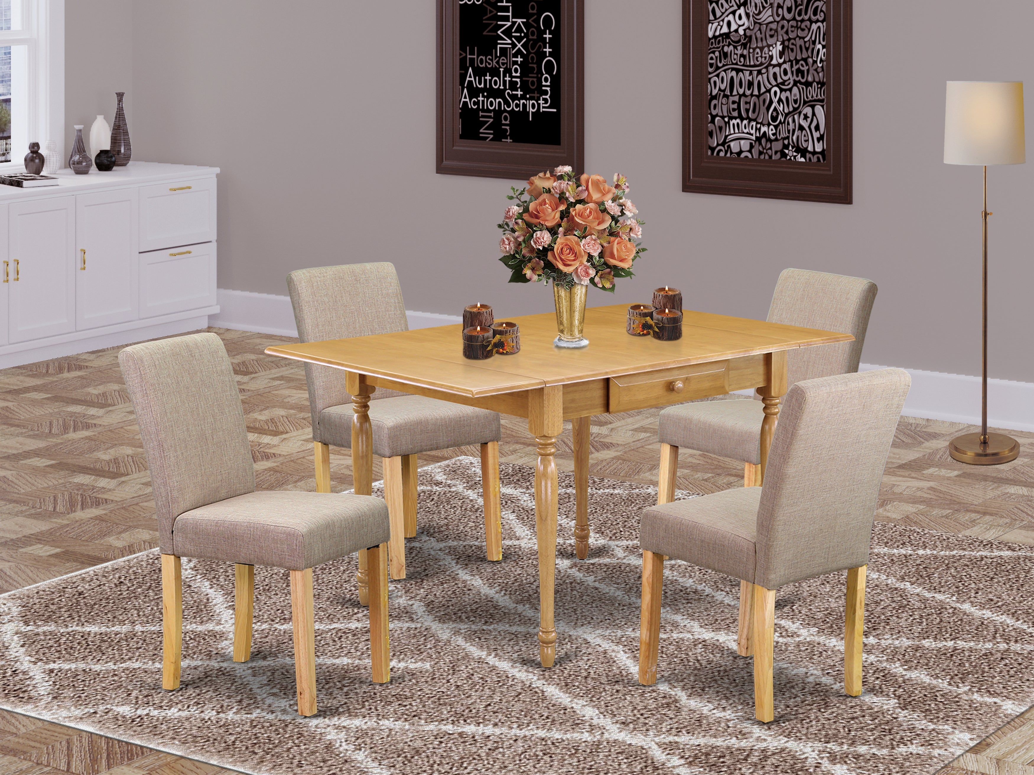 East West Furniture MZAB5-OAK-04 5Pc Kitchen Table Sets Contains a Dining Room Table and 4 Parson Chairs with Light Fawn Color Linen Fabric, Drop Leaf Table with Full Back Chairs, Oak Finish