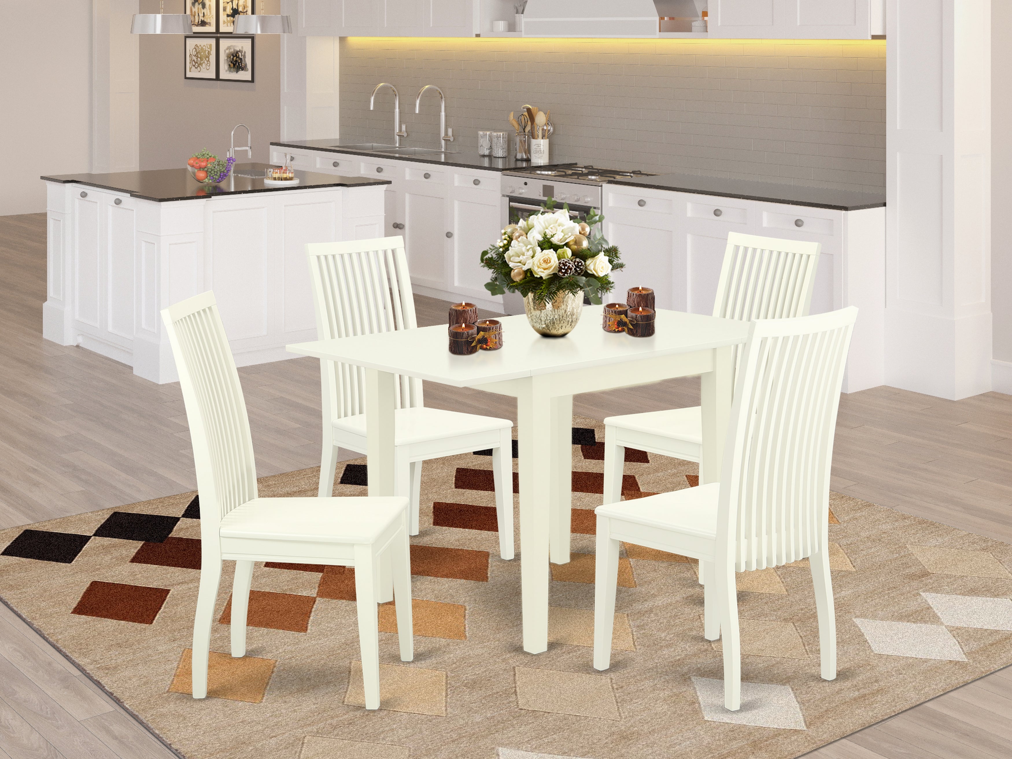 East West Furniture NDIP5-LWH-W 5Pc Dining Set Includes a Rectangular Table and 4 Dining Room Chairs with Asian Hardwood Seat and Slat Back, Linen White Finish