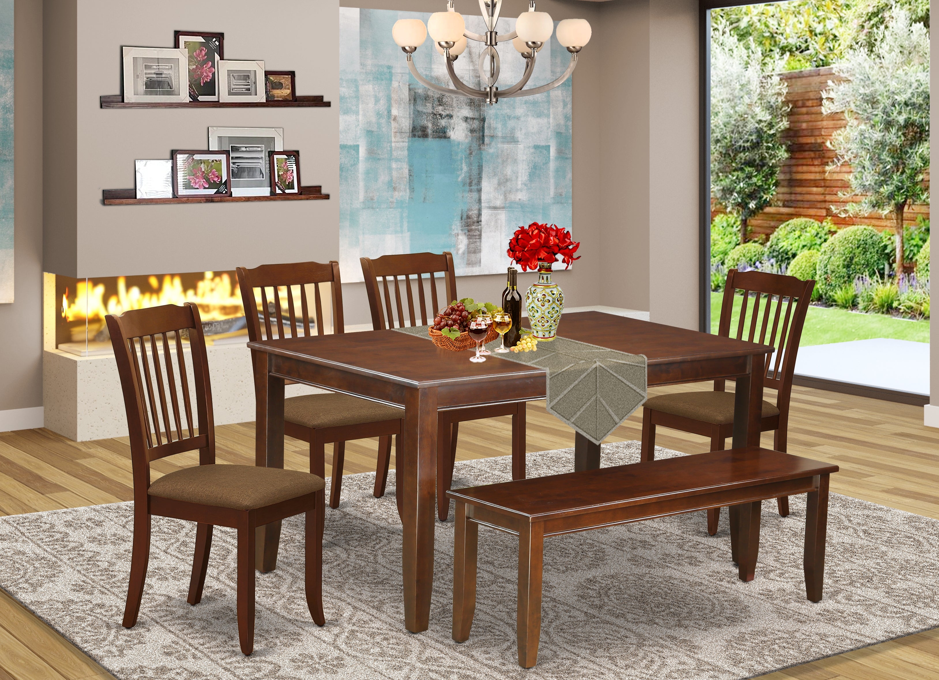 CADA6-MAH-C 6Pc Dining Set Includes a Rectangle Dinette Table and Four Vertical Slatted Microfiber Seat Kitchen Chairs and a Bench, Mahogany Finish