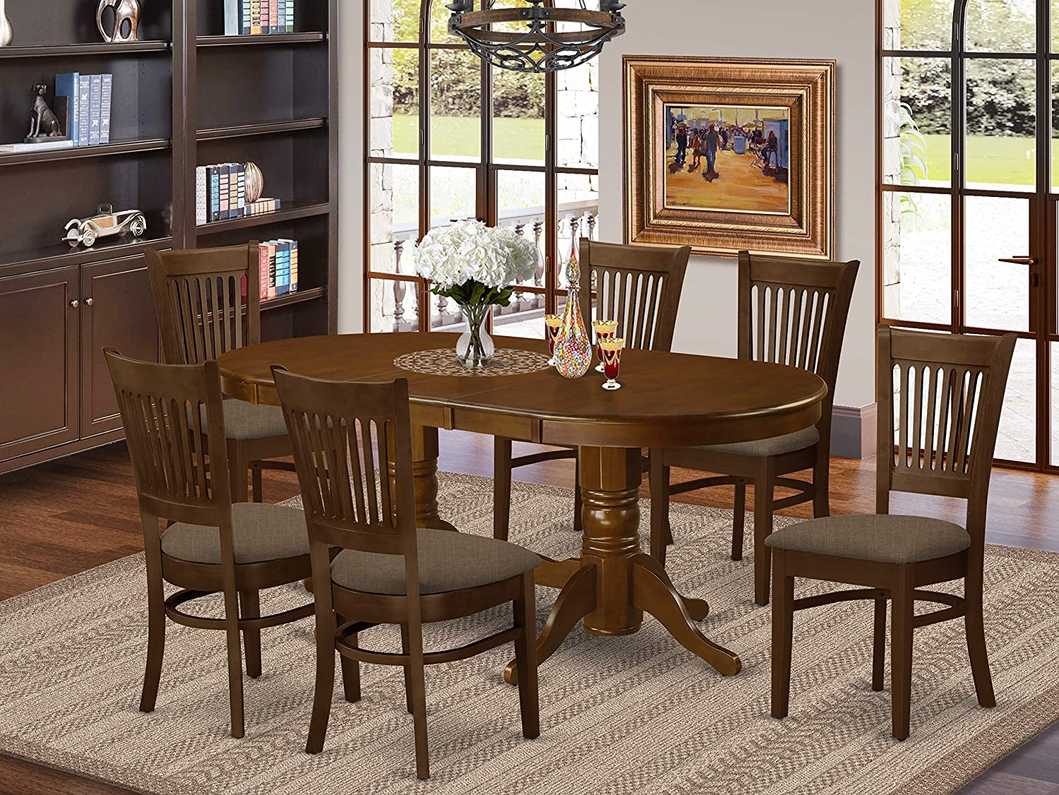 7 PC Espresso Oval Dining room Table With Leaf, Double pedestal and 6 Chairs Set