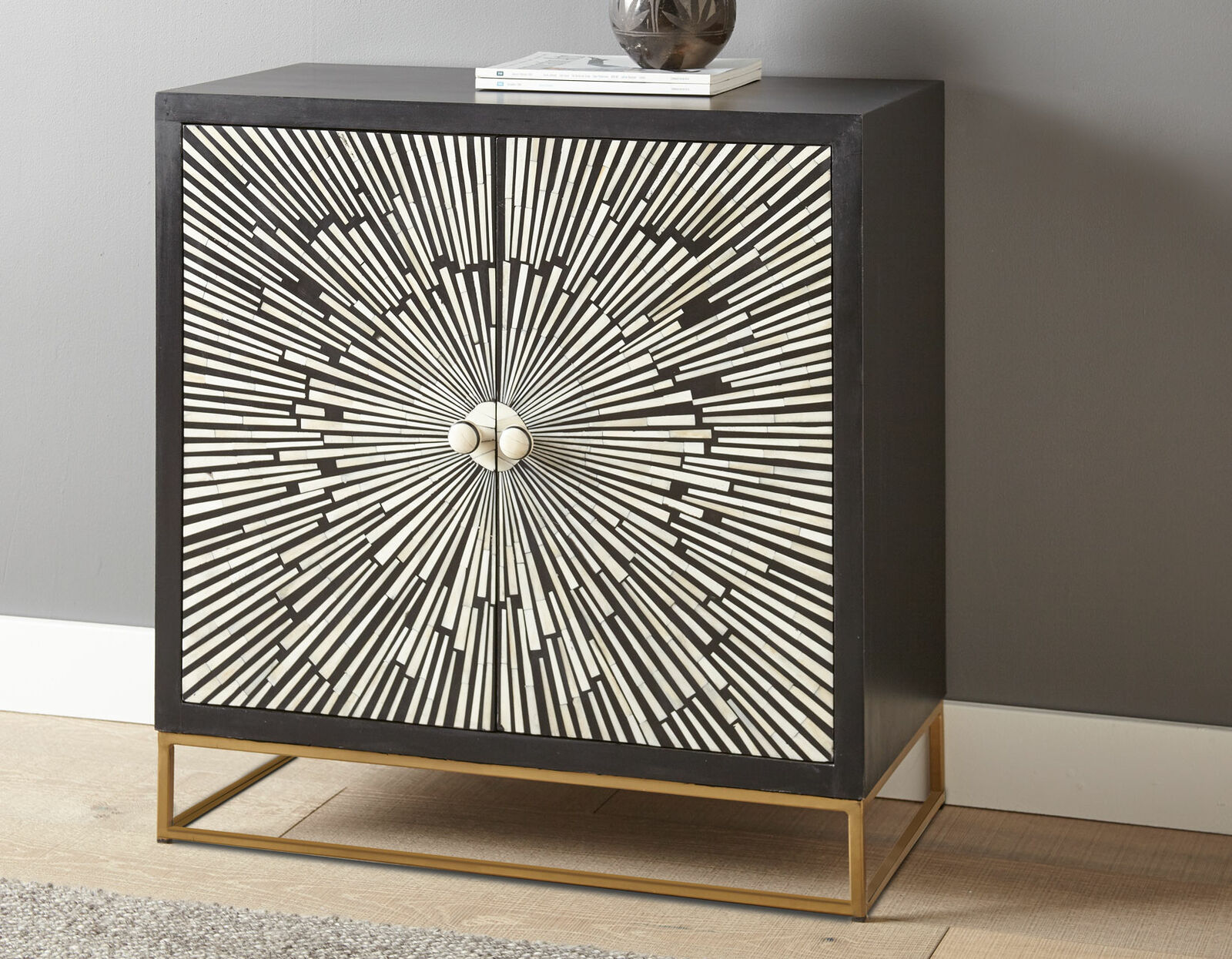 Amika Black and Ivory Art Deco 2-Door Sunburst Wood Accent Storage Cabinet