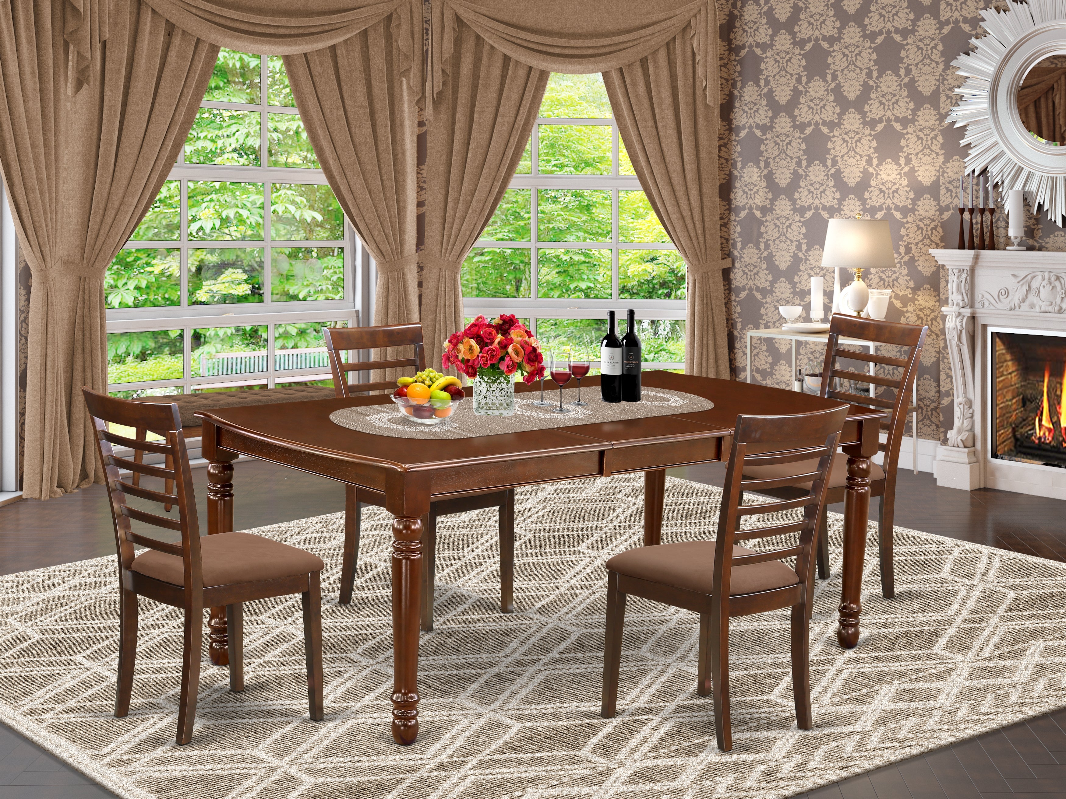 DOML5-MAH-C 5Pc Rectangle 60/78 Inch Family Table With 18 In Butterfly Leaf And 4 Microfiber Upholstery Seat Chairs