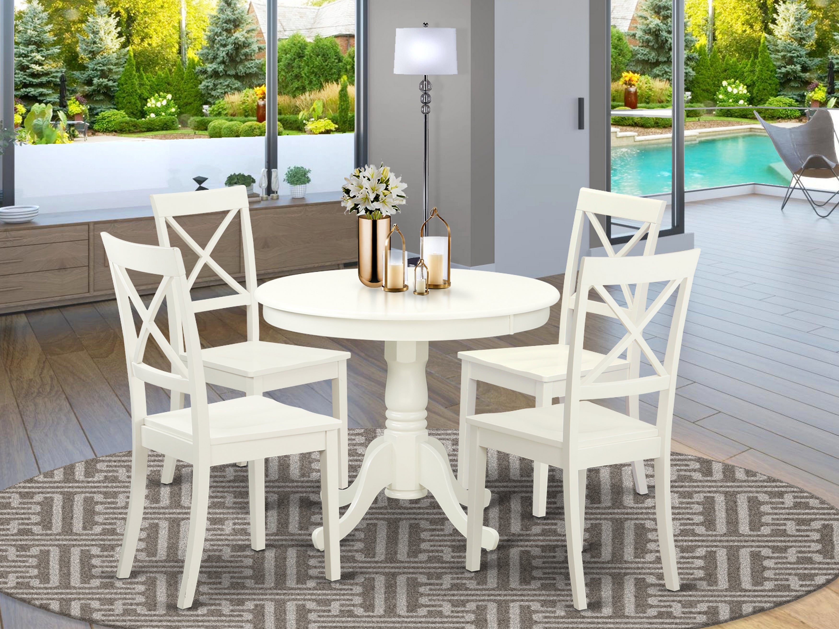 ANBO5-LWH-W 5 Pc set with a Table and 4 Wood Dinette Chairs Having Linen White .