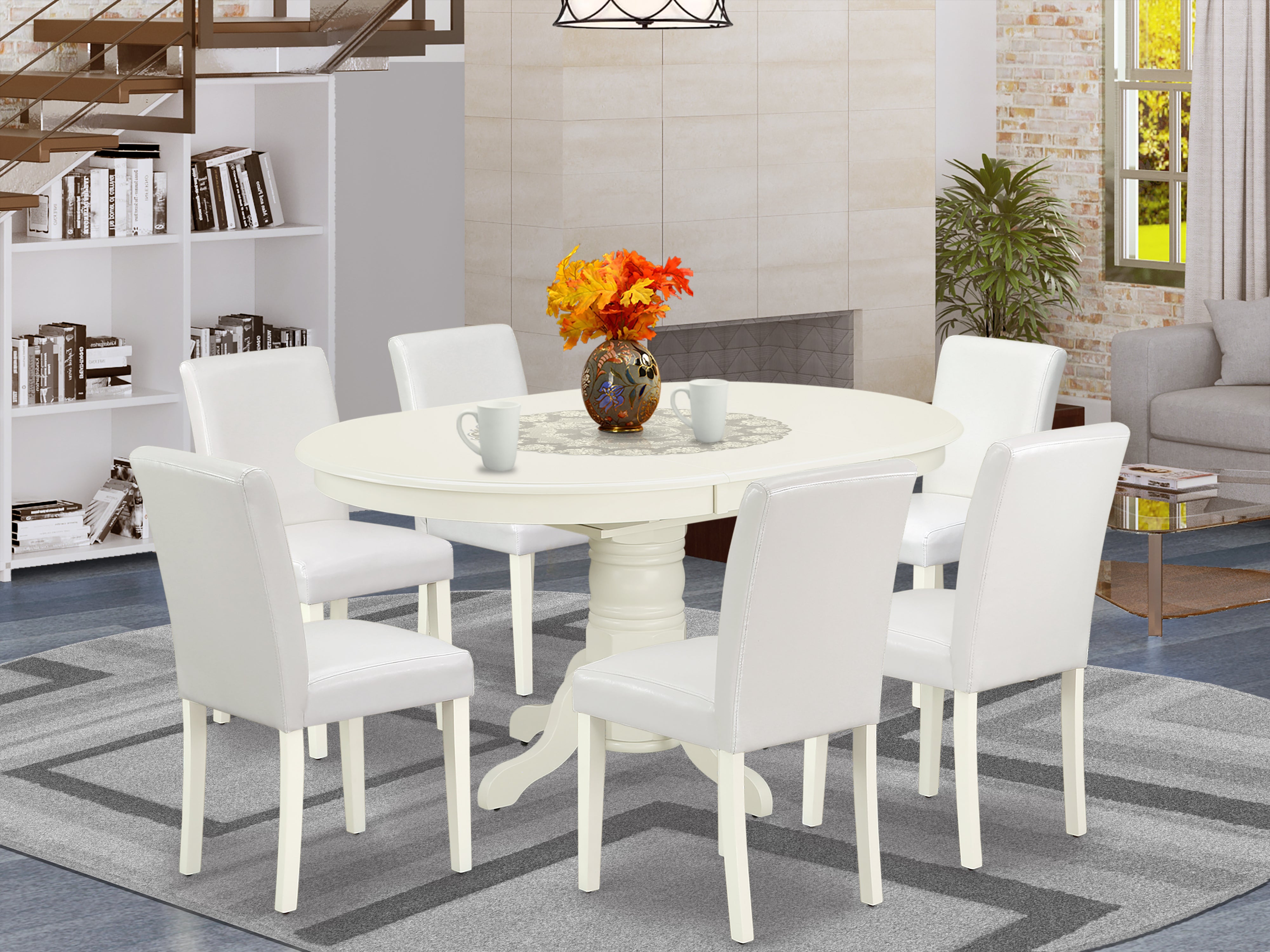 AVAB7-LWH-64 7Pc Oval 42/60" Dinette Table With 18 In Butterfly Leaf And 6 Parson Chair With Linen White Leg And Pu Leather Color White