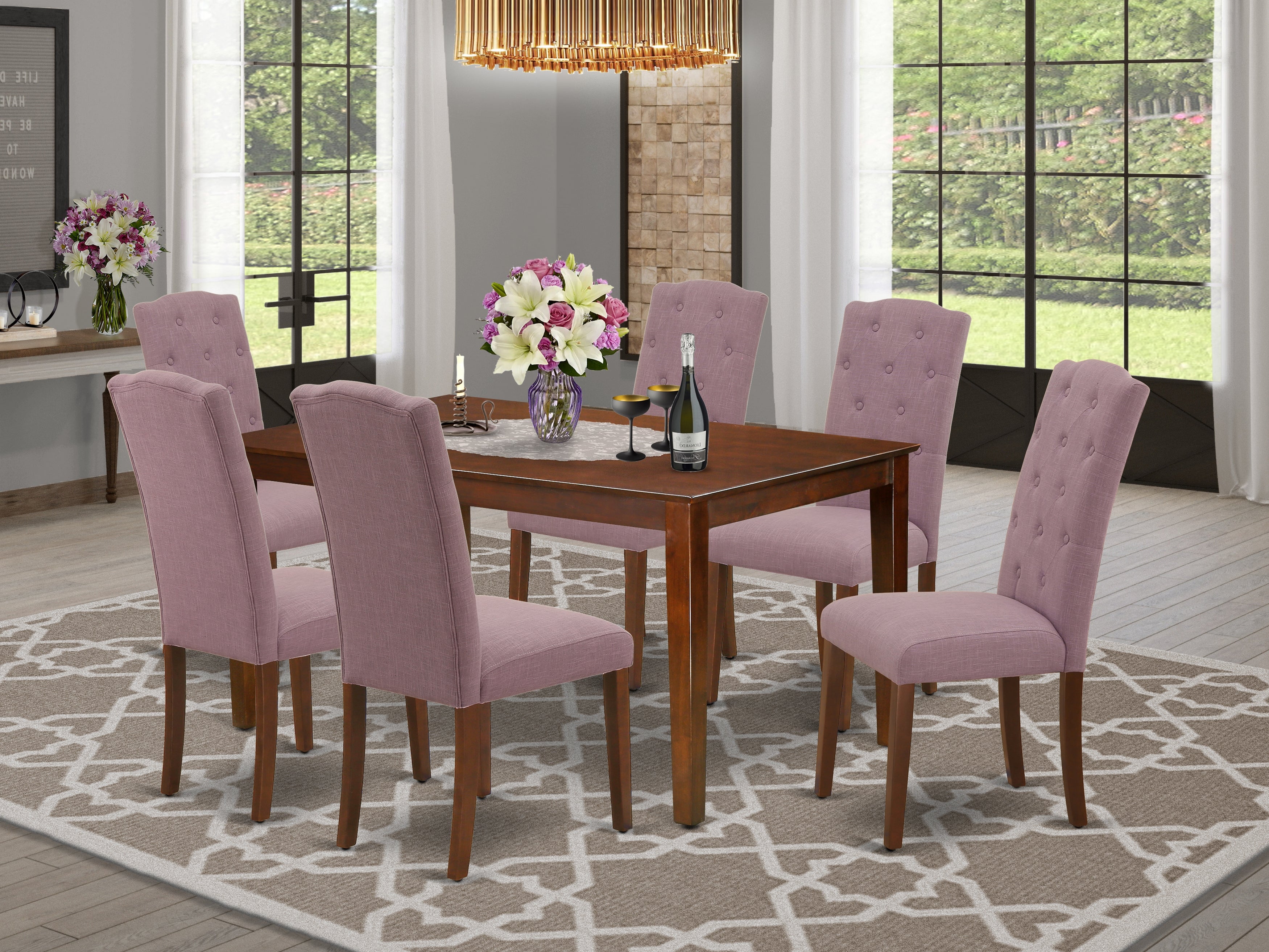 CACE7-MAH-10 7Pc Dinette Set Includes a Rectangular Kitchen Table and Six Parson Chairs with Dahlia Fabric, Mahogany Finish