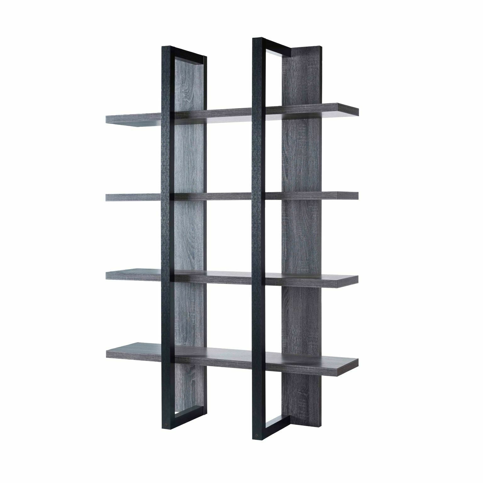 Mid Century Modern 4-Shelf Bookcase, Distredded Grey And Black