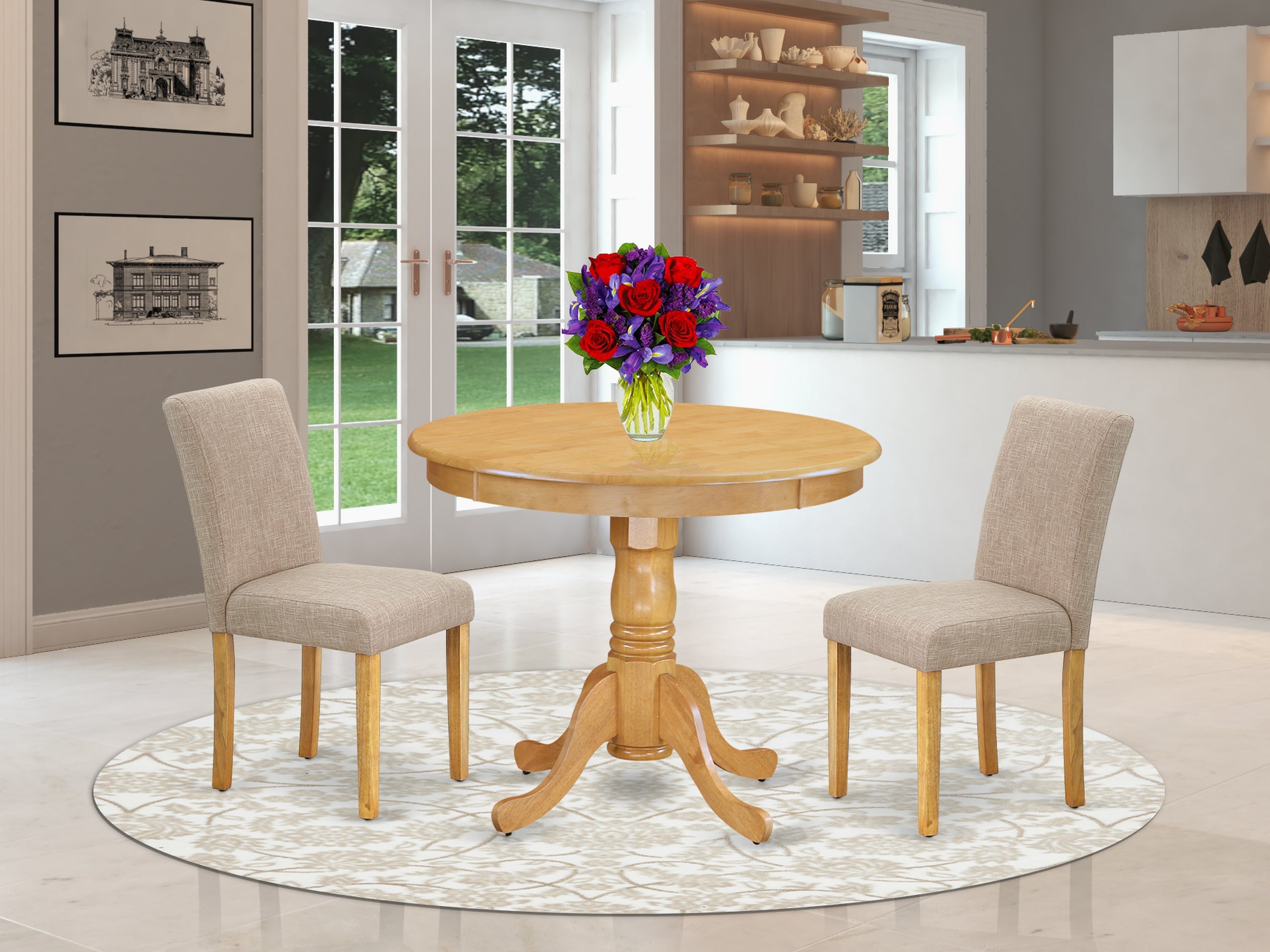 ANAB3-OAK-04 3Pc Rounded 36 Inch Dinette Table And Two Parson Chair With Oak Leg And Linen Fabric Light Fawn