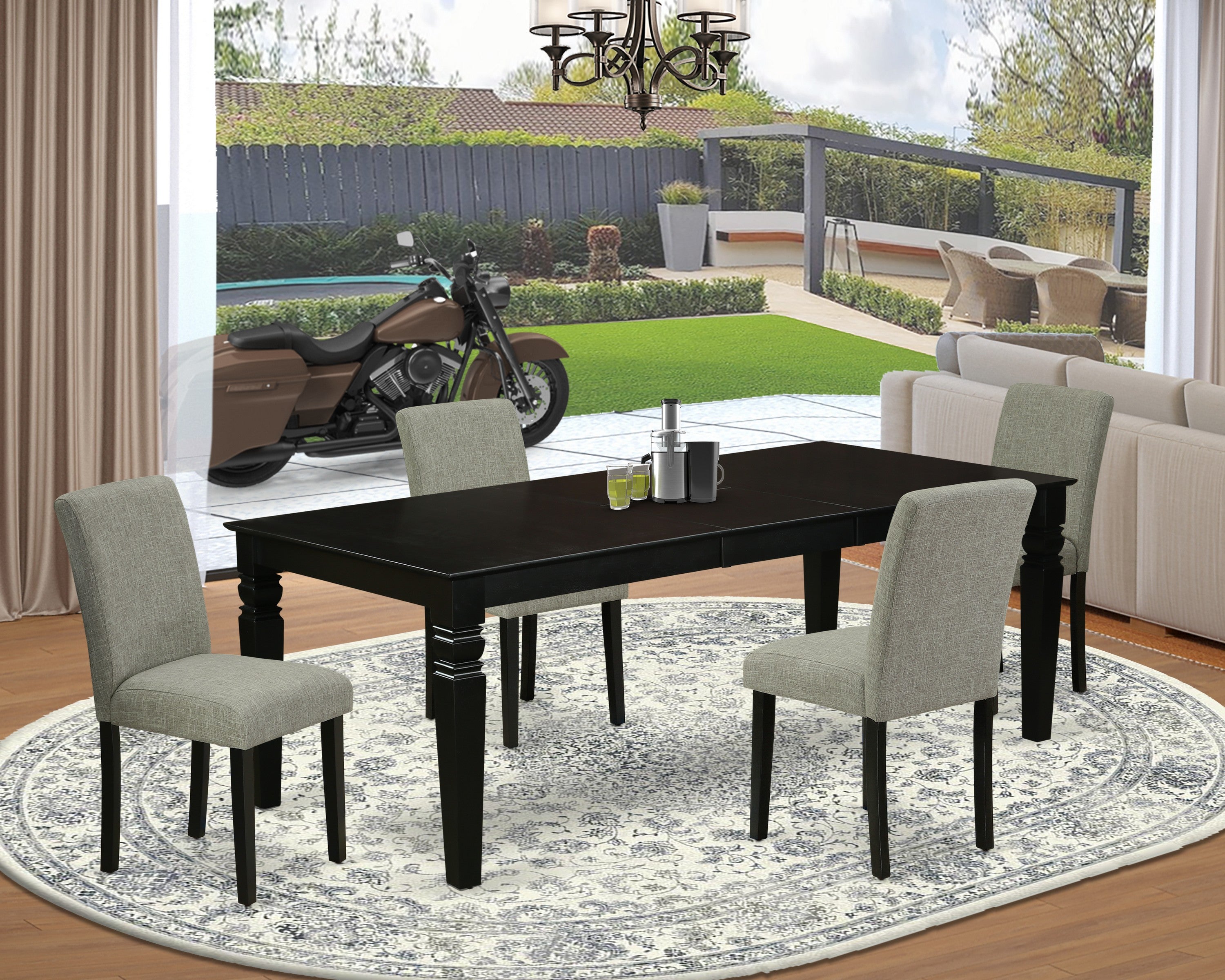 LGAB5-BLK-06 5Pc Rectangular 66/84 Inch Table With 18 In Leaf And Four Parson Chair With Black Leg And Linen Fabric Shitake