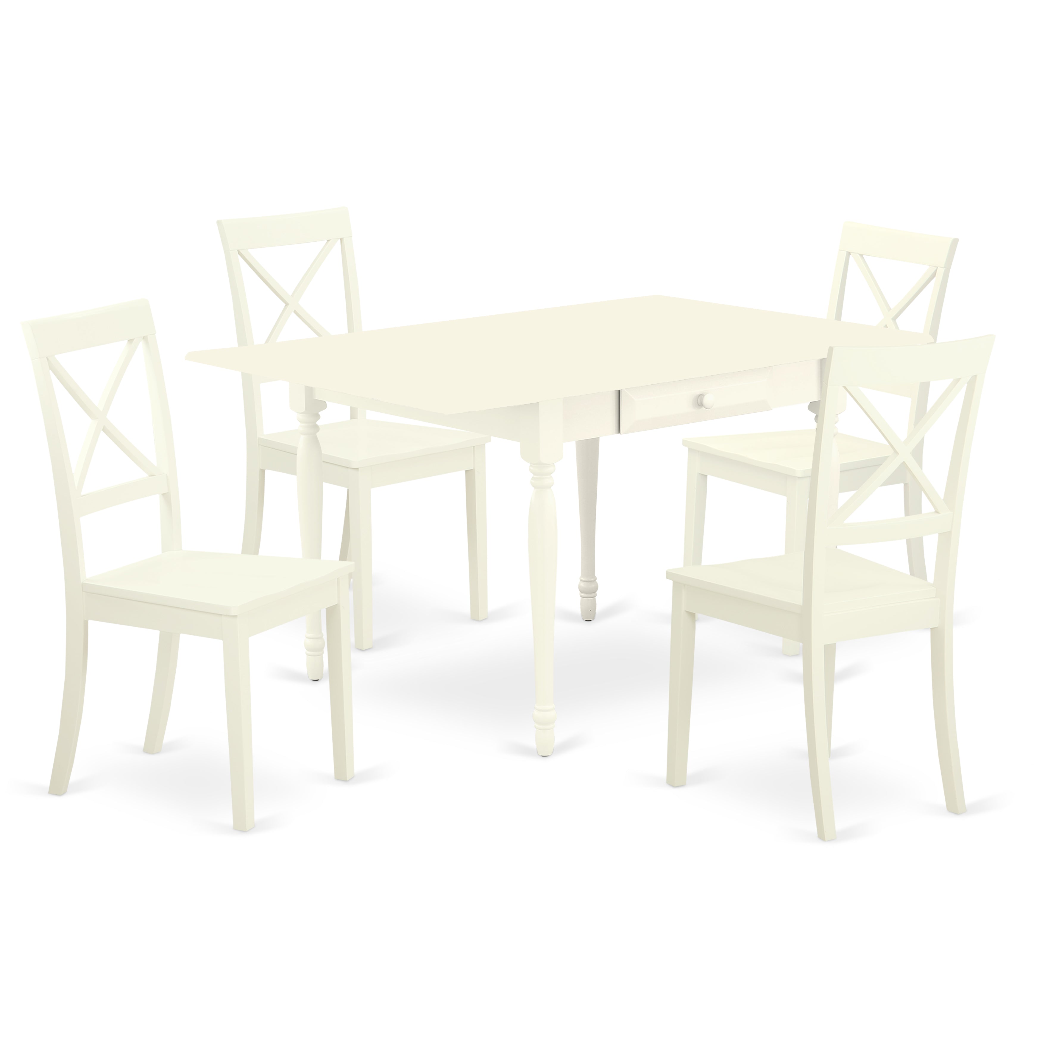 East West Furniture MZBO5-LWH-W 5Pc Kitchen Table Set Contains a Kitchen Table and 4 Kitchen Chairs with Wooden Seat, Drop Leaf Table with X Back Chairs, Linen White Finish