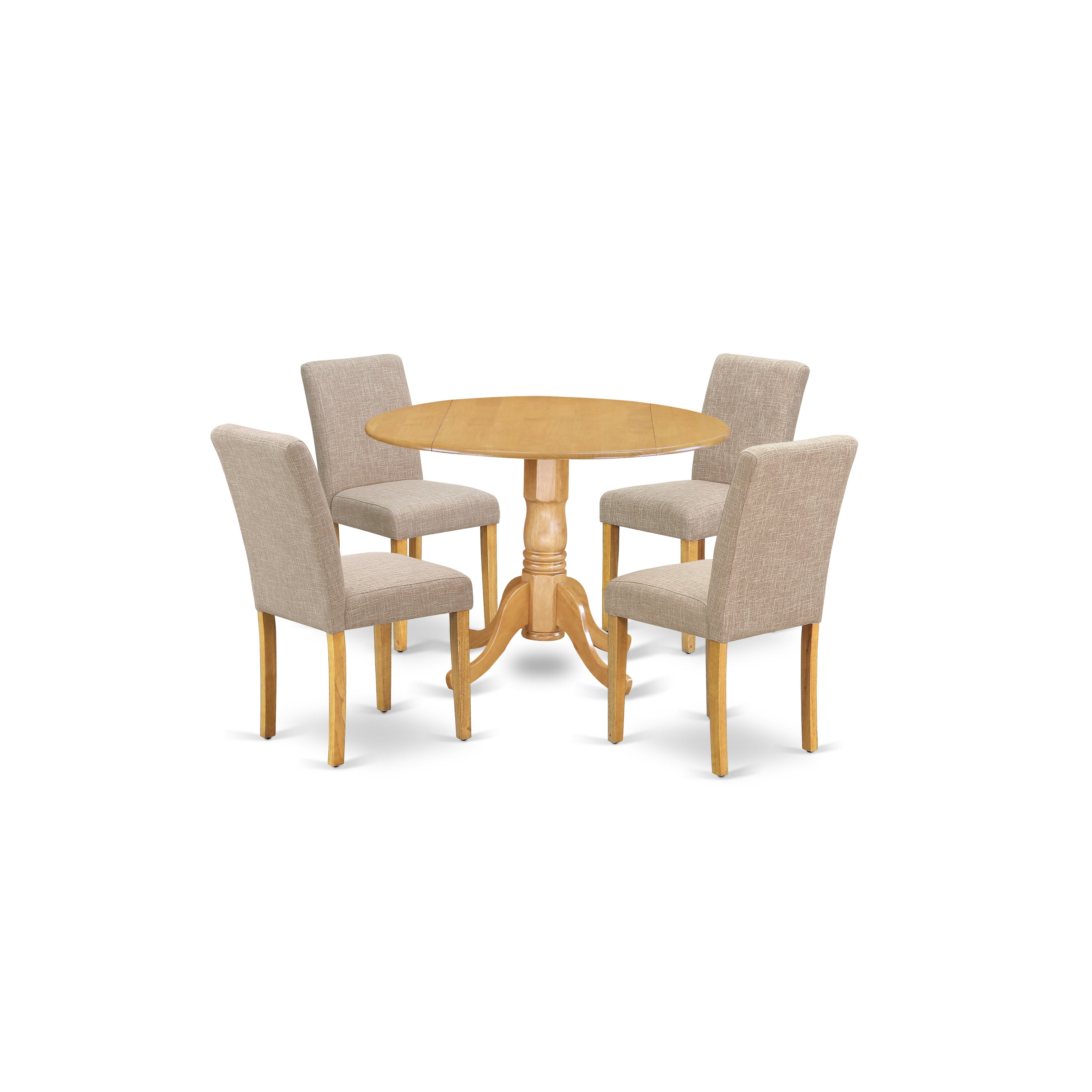 DLAB5-OAK-04 5Pc Round 42" Kitchen Table With Two 9-Inch Drop Leaves And Four Parson Chair With Oak Leg And Linen Fabric Light Fawn