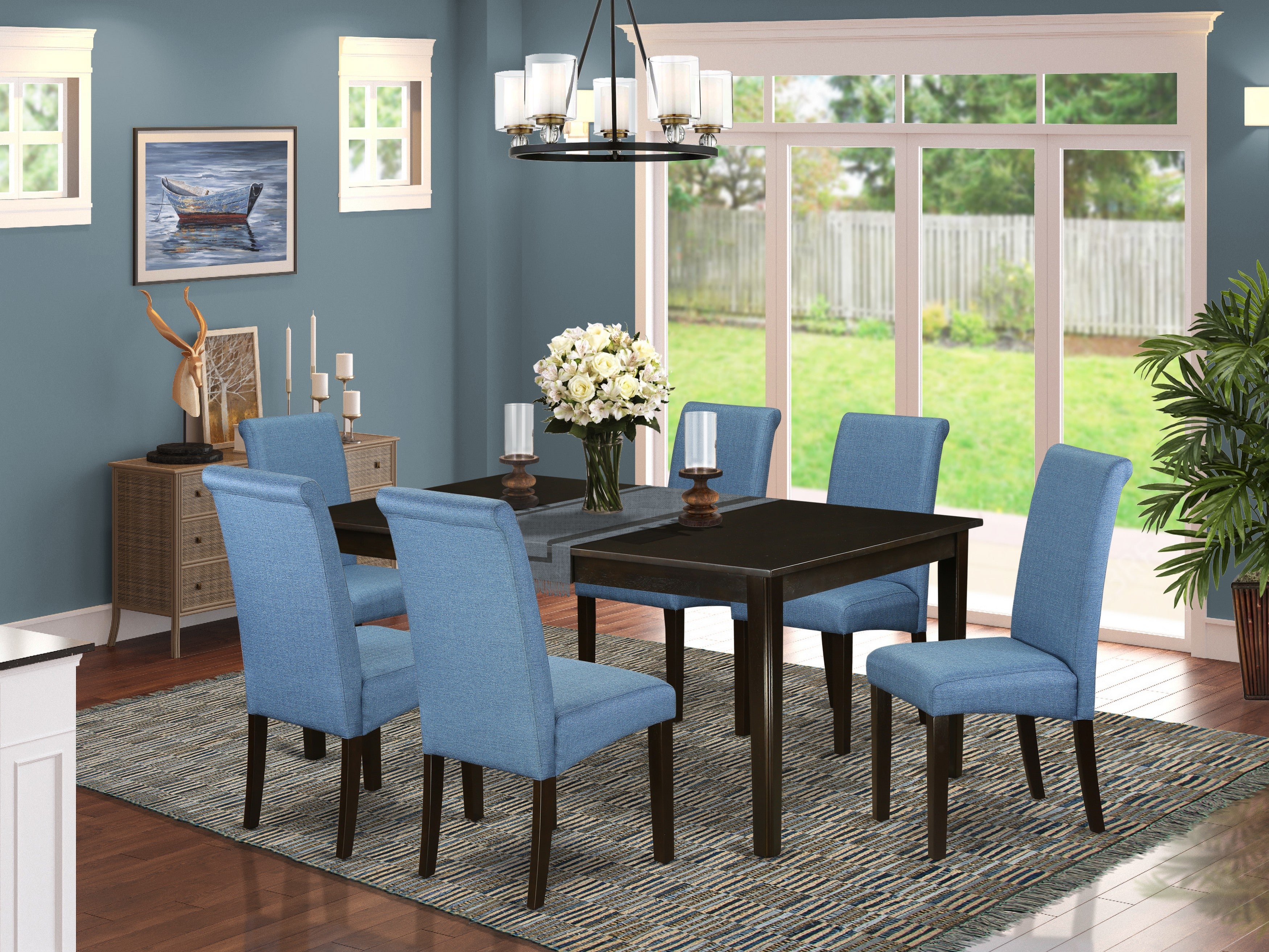 HEBA7-CAP-21 7Pc Kitchen table with linen Blue fabric dining chairs with cappuccino chair legs