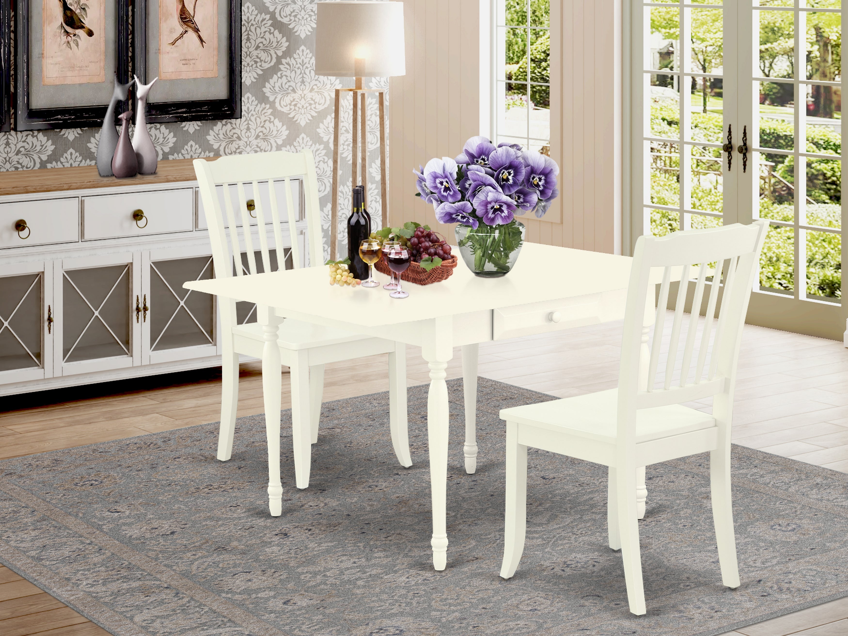 East West Furniture MZDA3-LWH-W 3Pc Dining Table Set for 2 Offers a Rectangle Table and 2 Dining Chairs with Solid Wood Seat, Drop Leaf Table with Slat Back Chairs, Linen White Finish
