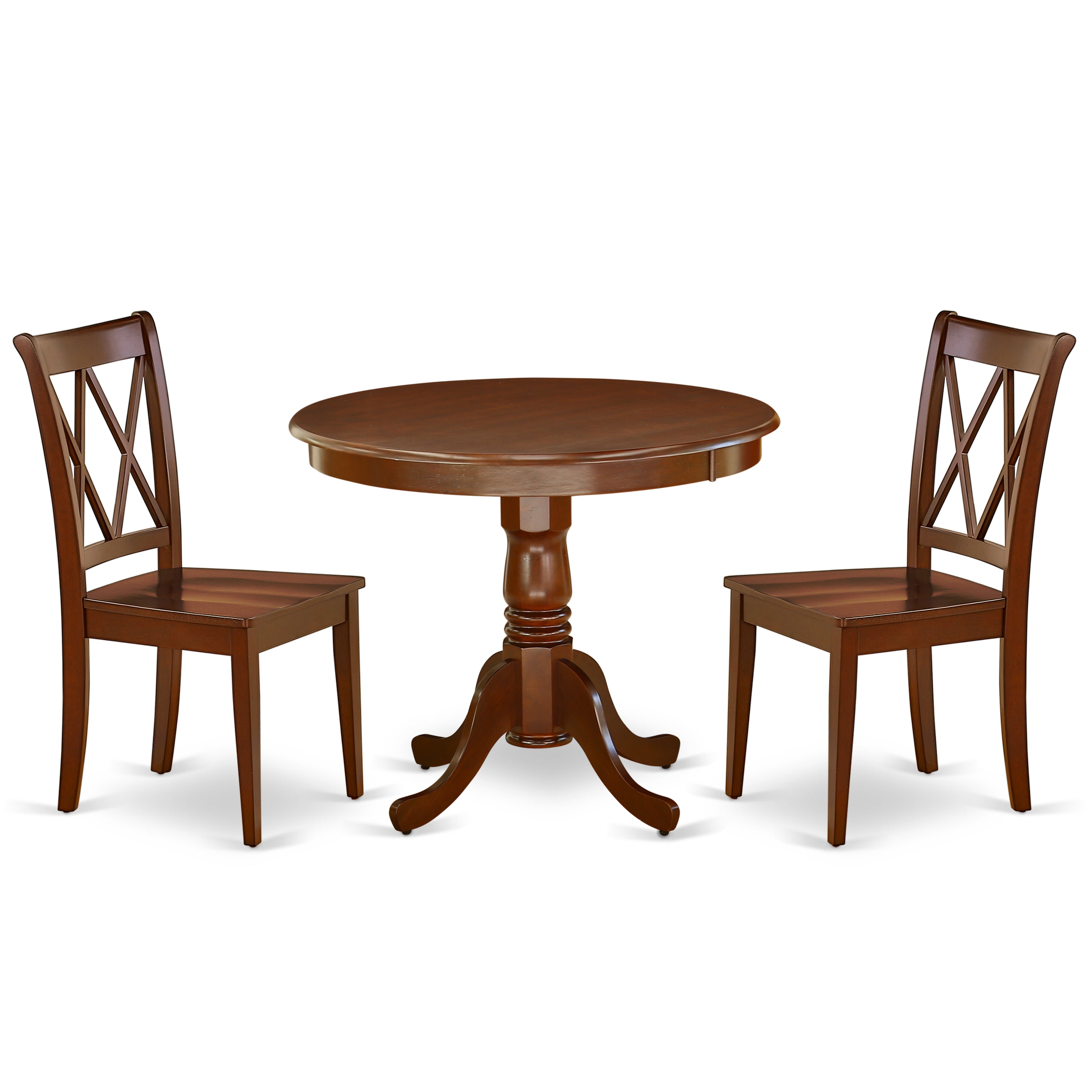 ANCL3-MAH-W 3PC Round 36 inch Table and 2 Double X back Chairs