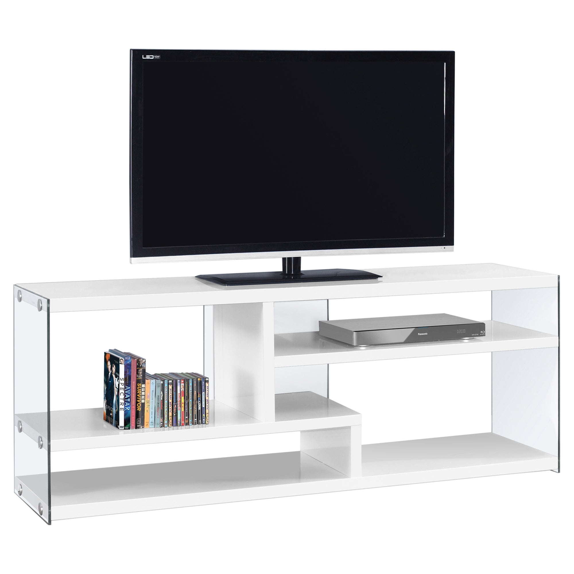 Glossy White 60" TV Stand with Shelves and Tempered Glass