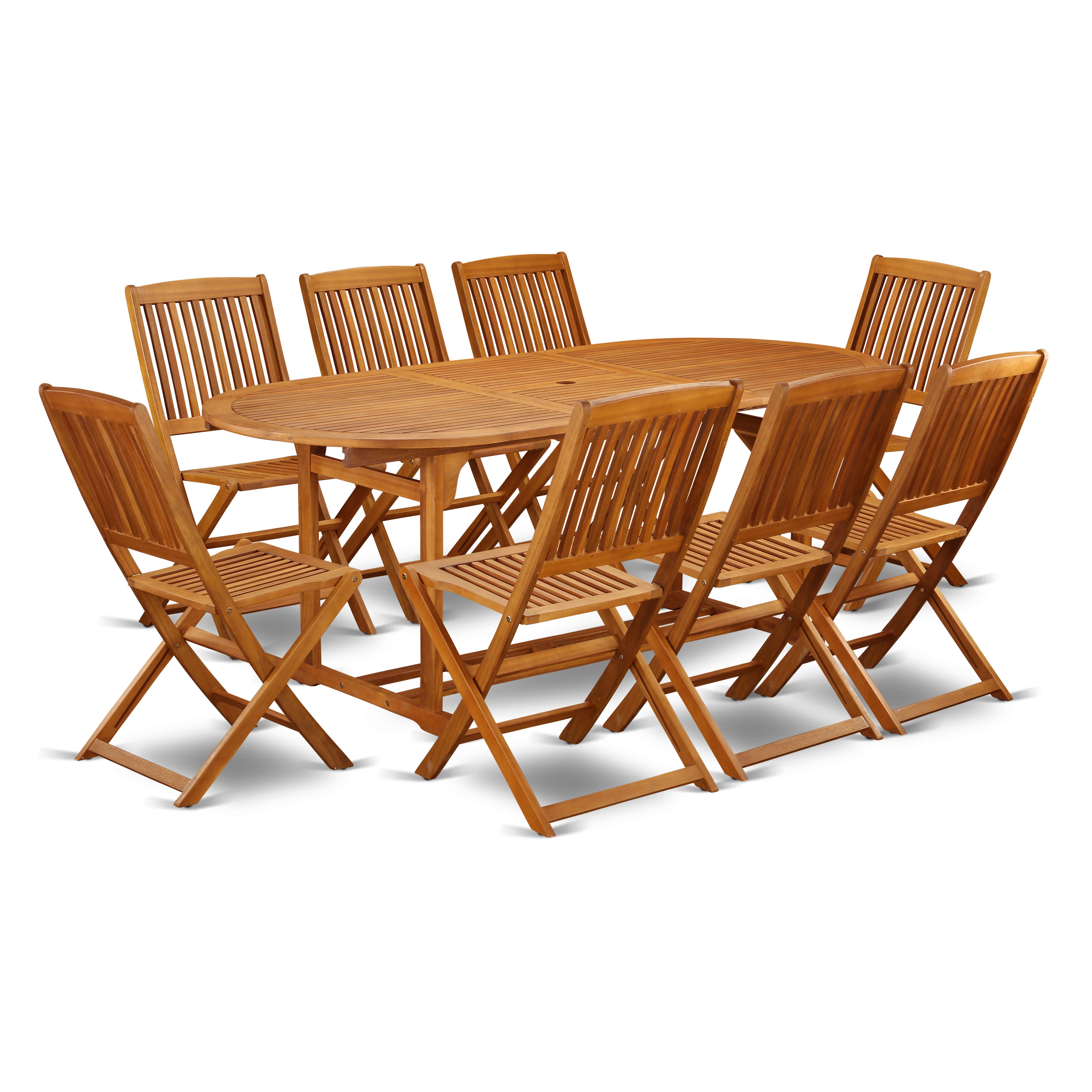 BSCM9CWNA This 9 Pc Acacia Outside patio Dining Sets includes a single Outdoor-Furniture table and Eight foldable Outdoor-Furniture chairs