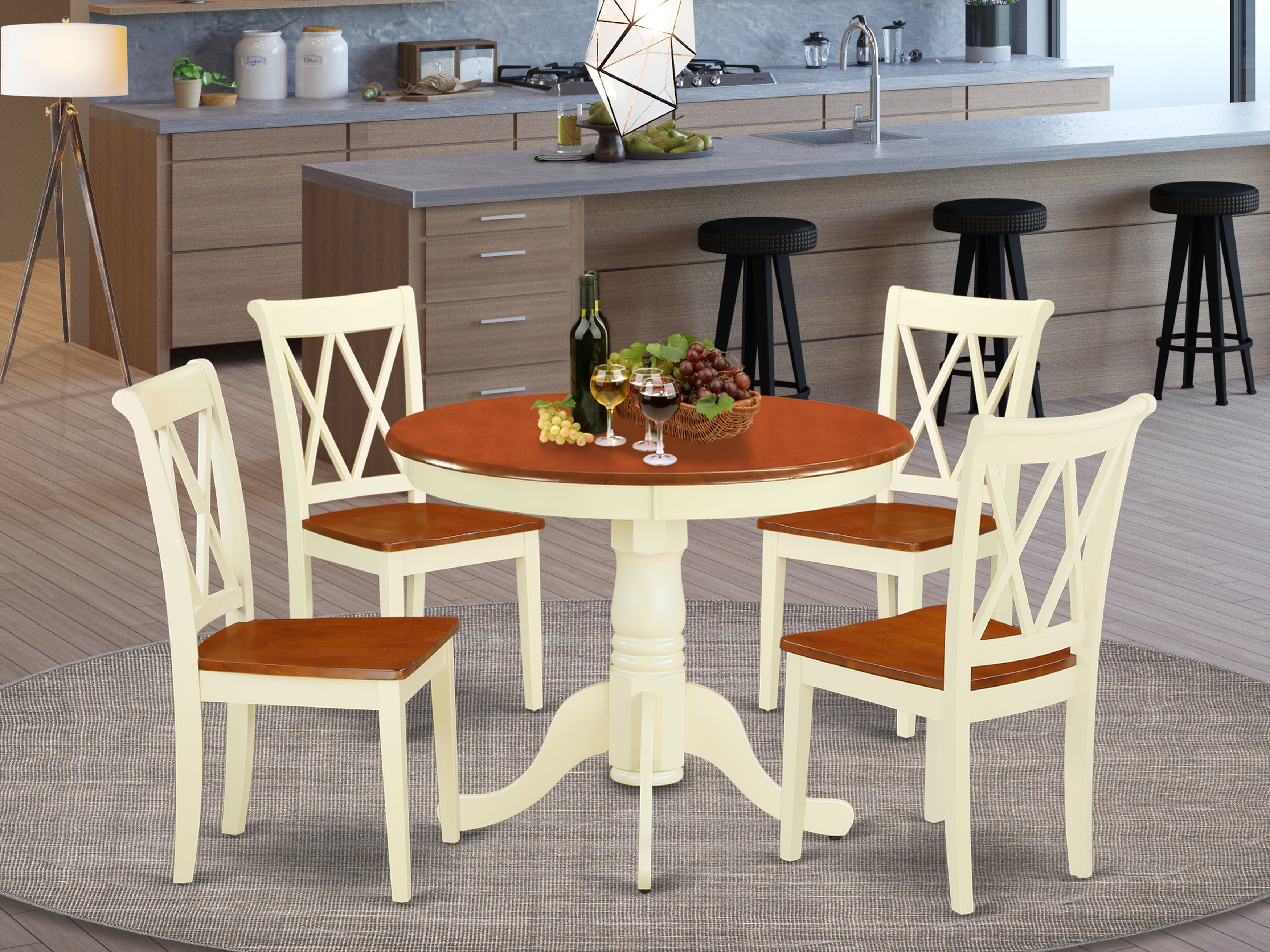 ANCL5-BMK-W 5PC Round 36 inch Table and 4 Double X back Chairs