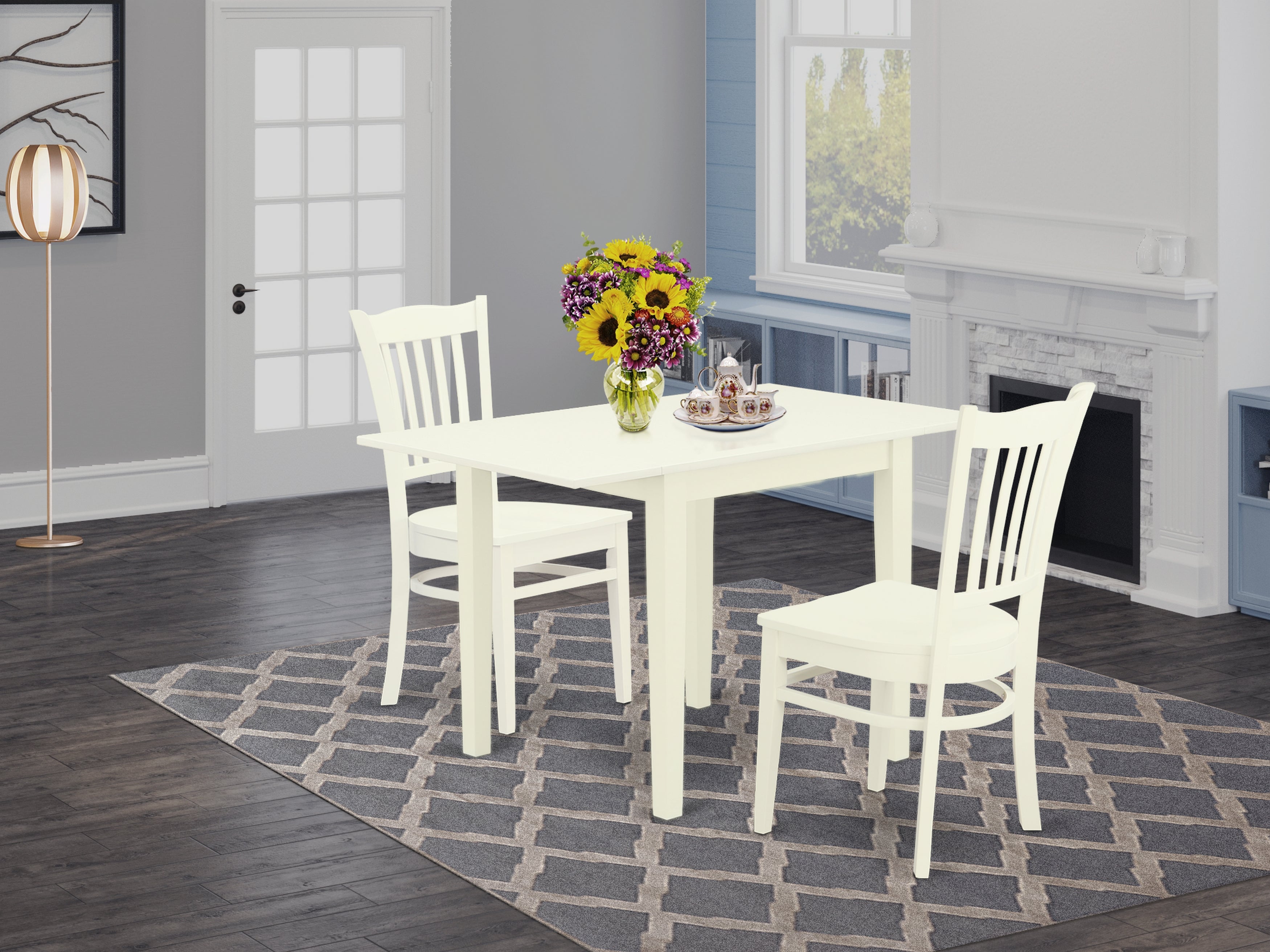 East West Furniture NDGR3-LWH-W 3Pc Dining Table Set Contains a Small Kitchen Table and 2 Dining Room Chairs with Solid Wood Seat and Slat Back, Linen White Finish