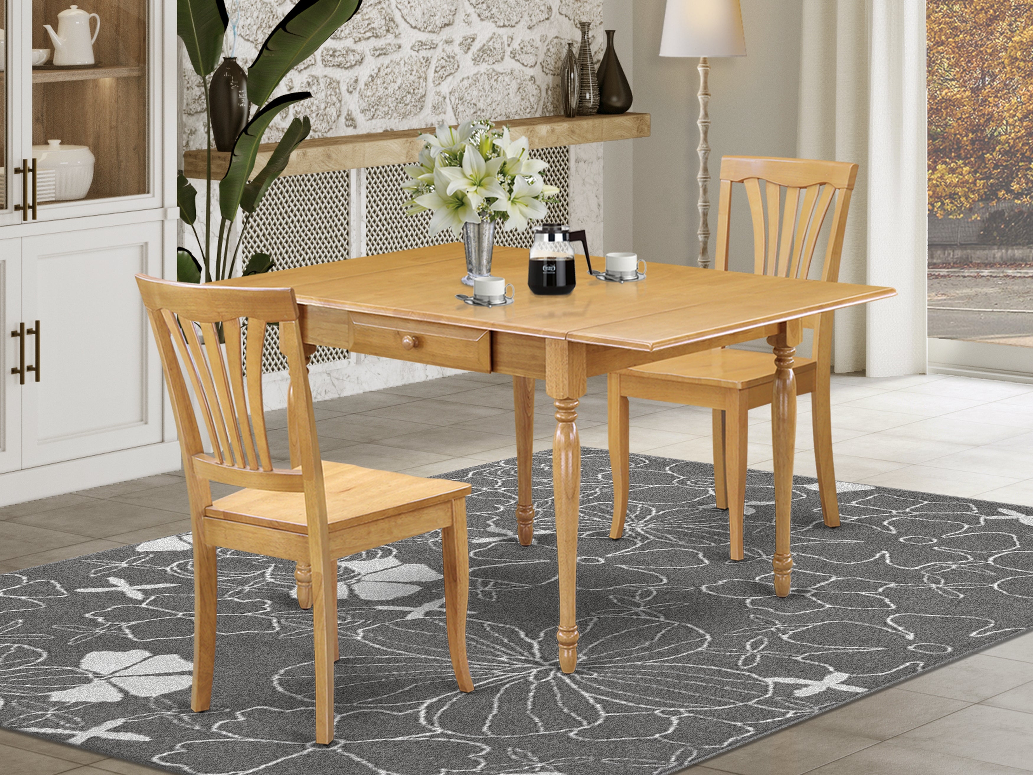 East West Furniture MZAV3-OAK-W 3Pc Dinette Sets for Small Spaces Includes a Small Kitchen Table and 2 Wooden Dining Chairs with Wooden Seat, Drop Leaf Table with Slat Back Chairs, Oak Finish