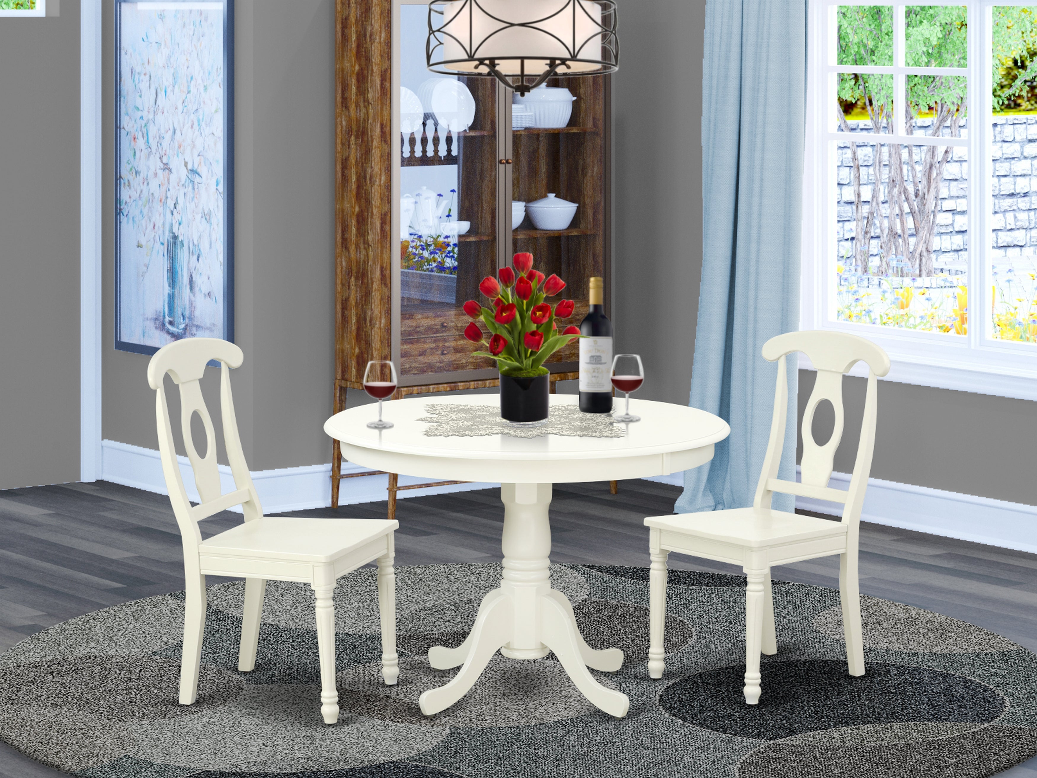 HLKE3-LWH-W 3PC Round 42 inch Table and 2 Panel Back Chairs