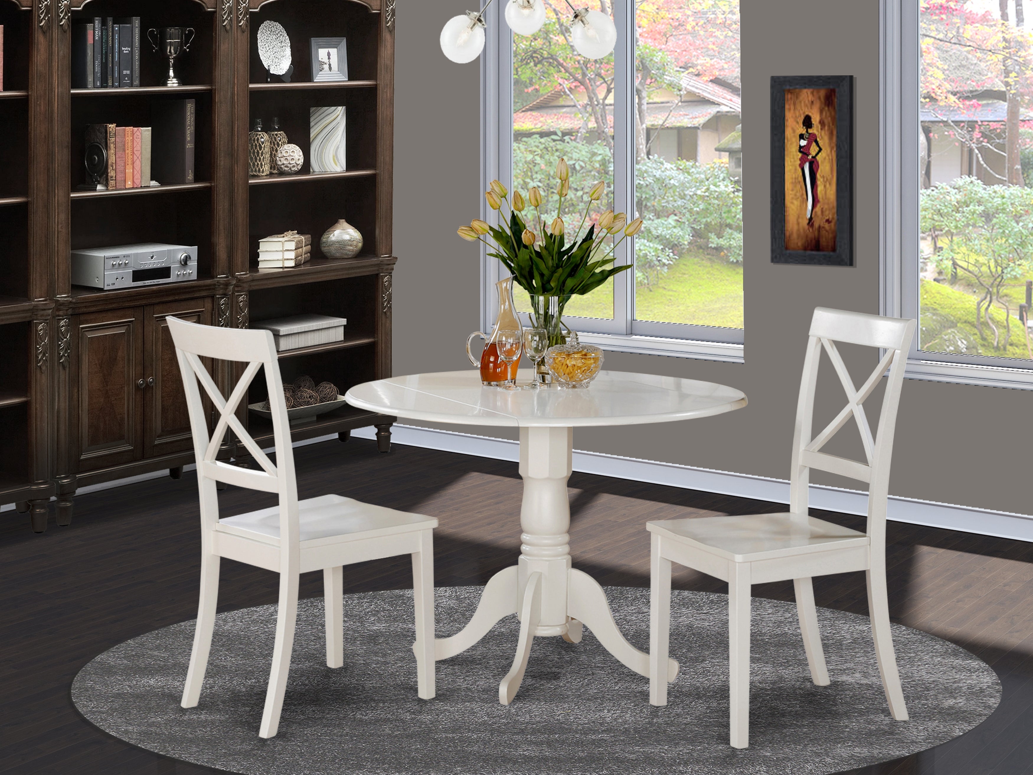 3 PC Dining Dinnette 42" Dropleaf Table and 2 Cross Back Chairs Set in White