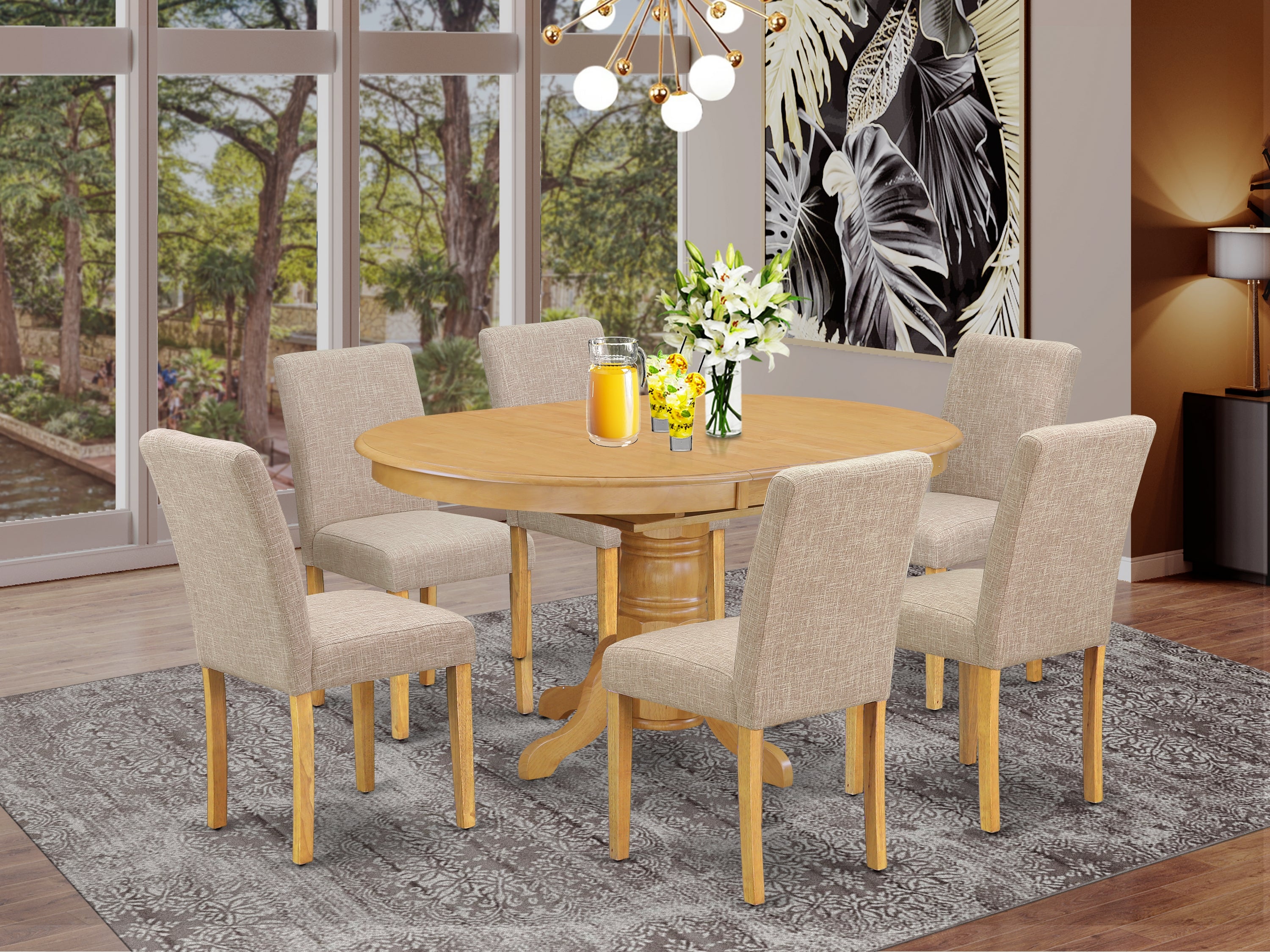 AVAB7-OAK-04 7Pc Oval 42/60" Dinette Table With 18 In Butterfly Leaf And 6 Parson Chair With Oak Leg And Linen Fabric Light Fawn