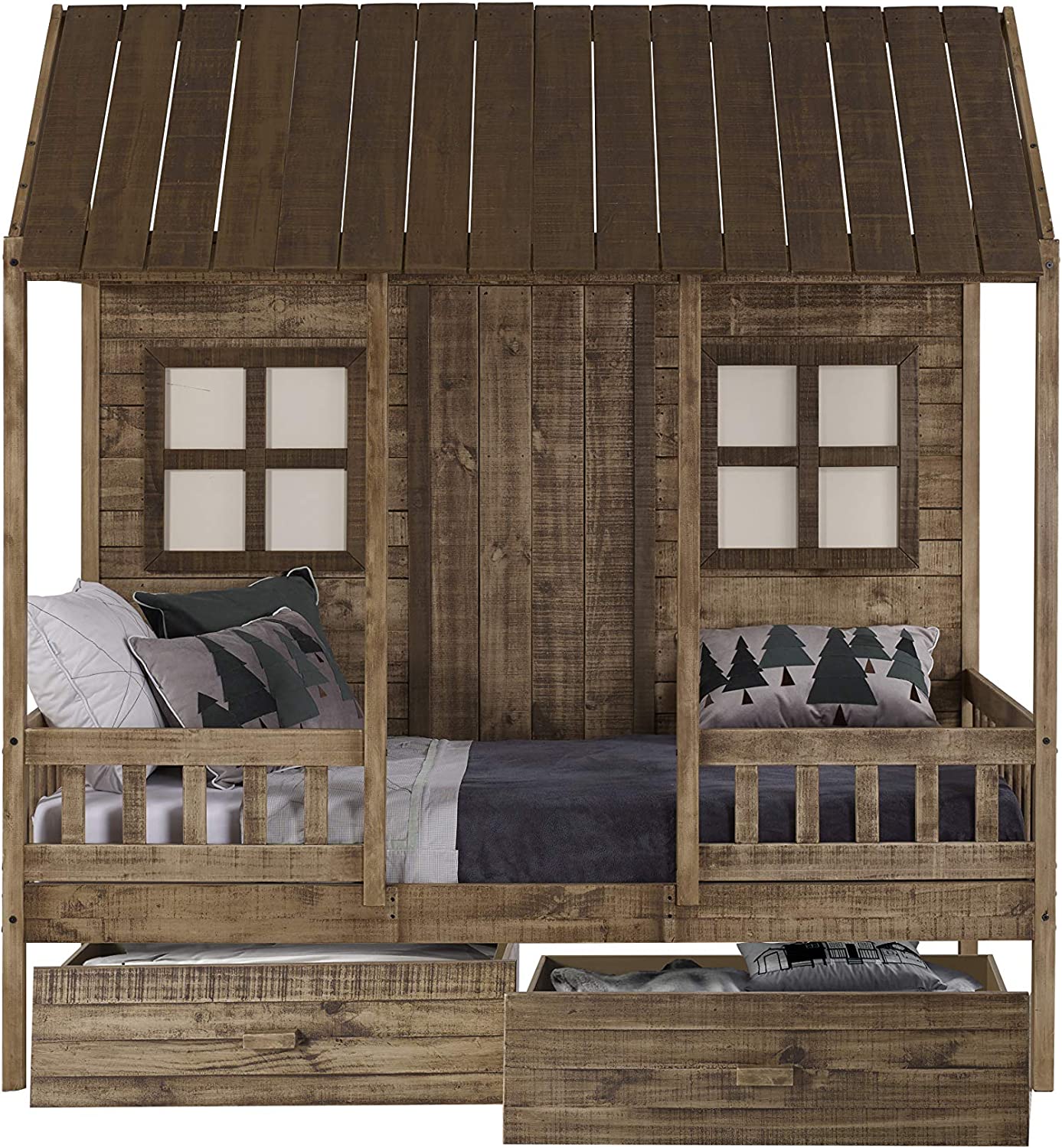 DONCO KIDS Twin Front Porch Low w/Dual Under-Bed Drawers, Rustic Driftwood Loft